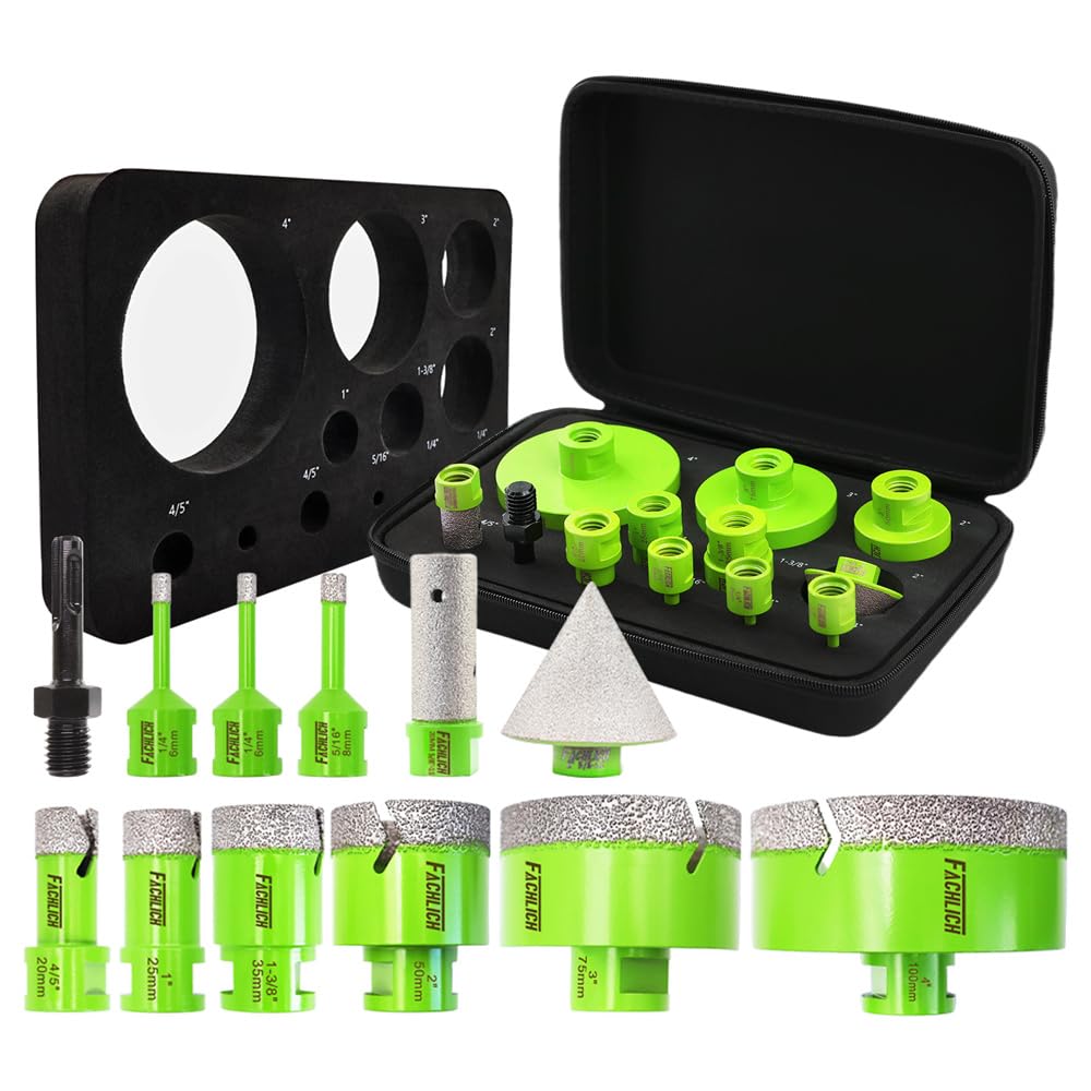MINLAYCUT Diamond Tile Saw Blade 5" 125mm Cut Off Wheel and FACHLICH Tile Hole Saw Kit - 12pcs Diamond Core Drill Bits Set 1/4" 5/16" 4/5" 1" 1-3/8" 2" 3" 4"