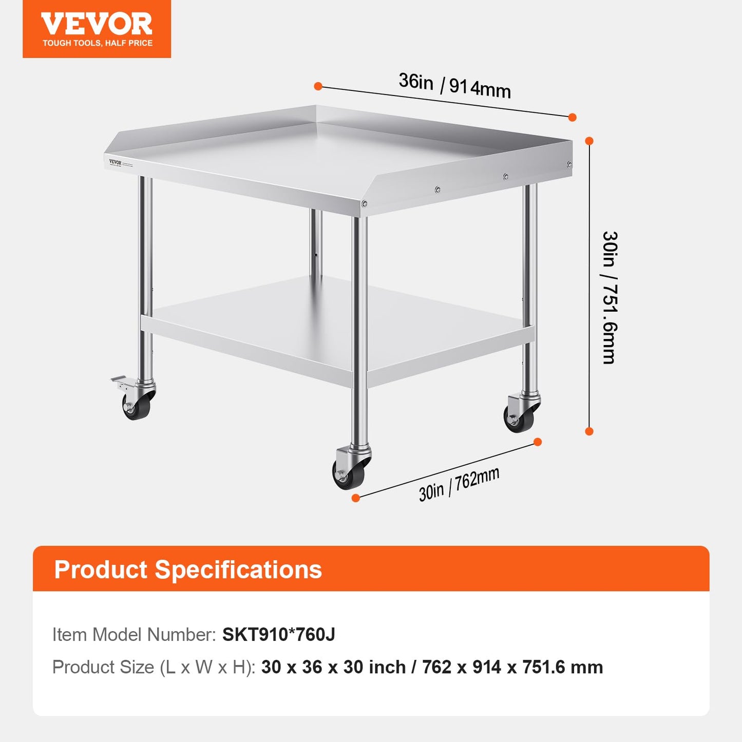 VEVOR Stainless Steel Work Table, 30 x 36 x 30 Inch Commercial Food Prep Worktable with 4 Wheels, Casters, 3-Sided Backsplash Heavy Duty Prep Worktable, Metal Work Table for Restaurant Home Hotel