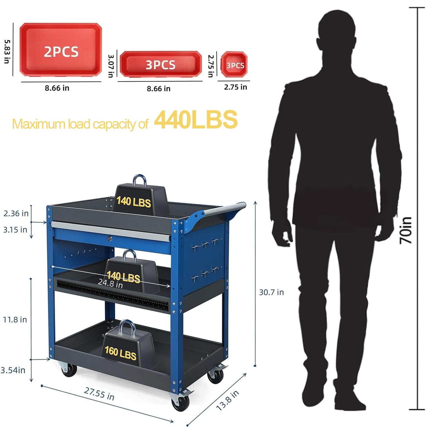 AIRAJ PRO Tool Cart,440LBS Service Cart,4-Tier Tool Cart on Drawers,Hooks,Parts Box and Locking System for Warehouse,Garage,Workshop