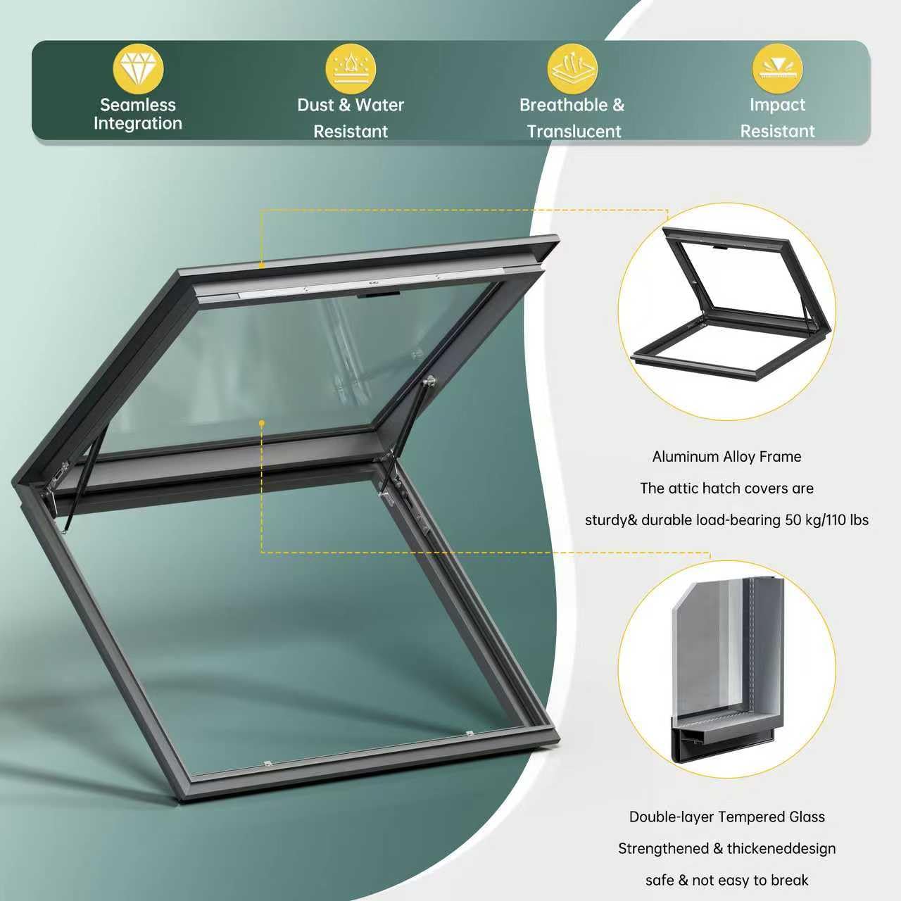 Viuseo Manual Skylight Window, Skylights for House Roof with Double Tempered Glass and Aluminum Alloy Frame, Roof Skylight for Home/Sun Room/Attic/Basement Daylighting