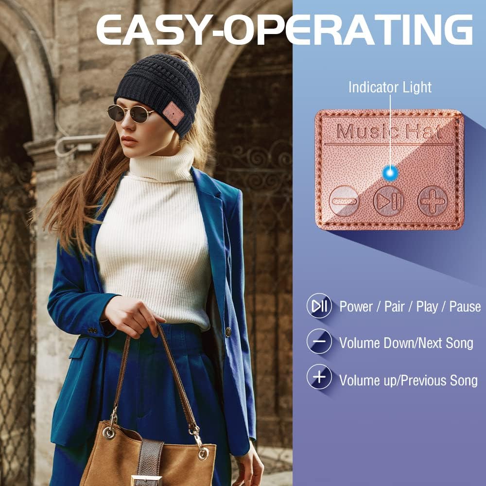 Womens Gifts for Christmas Stocking Stuffer Bluetooth Beanie Women: Ponytail Beanie Bluetooth Hat with Bluetooth
