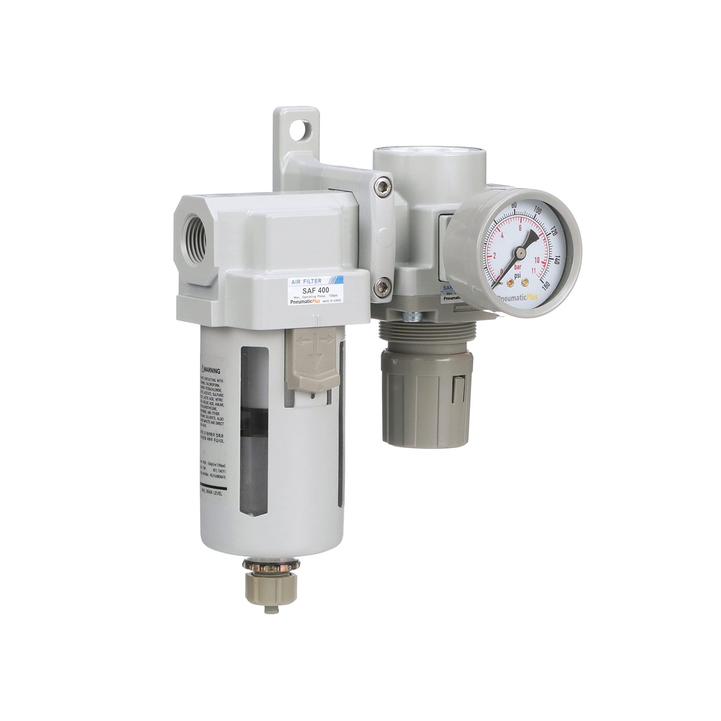 PneumaticPlus SAU420-N06G Compressed Air Filter Regulator Combo 3/4" NPT - Poly Bowl, Manual Drain, Bracket, Gauge