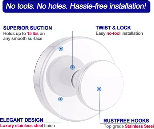 Bntuk Suction Cup Hooks - Removable Bathroom Towel Hooks for Shower & Glass Door | 2 Pack, White
