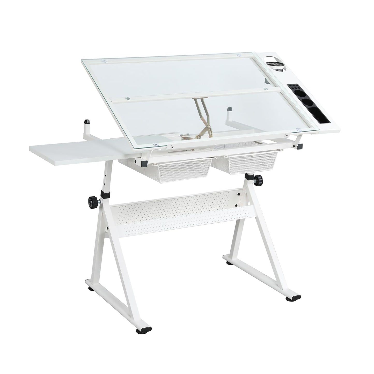 Garvee Drafting Table w/Stool, Height Adjustable Drawing Table, Multifunctional Art Craft Paintings Work Station w/2 Storage Drawers, 0-75° Tilting Glass Tabletop for Home Office, White