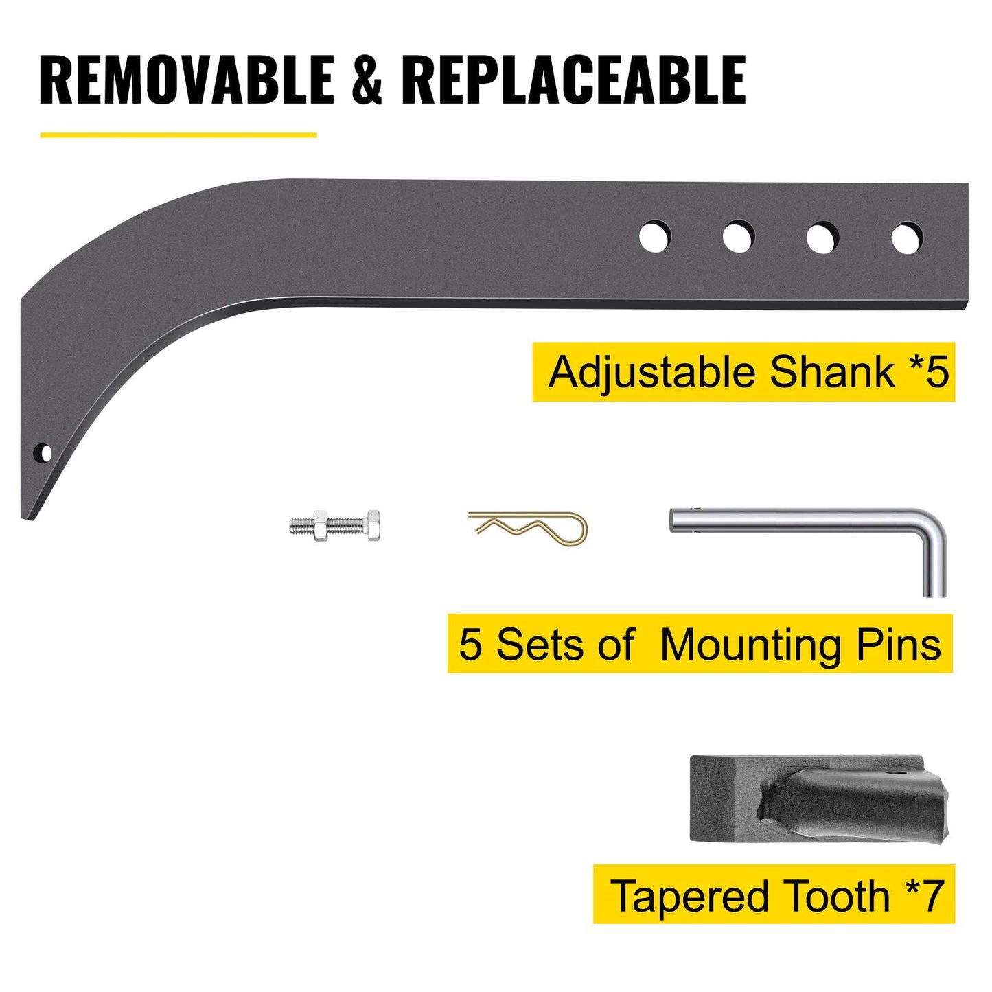 VEVOR Box Blade Shank, 18'' Scarifier Shank, 4 Holes Box Scraper Shank, Ripper Shank with Removable Tapered Teeth and Pins, Adjustable Shanks Assembly for Replacement, Digging, Plowing, 5PCS