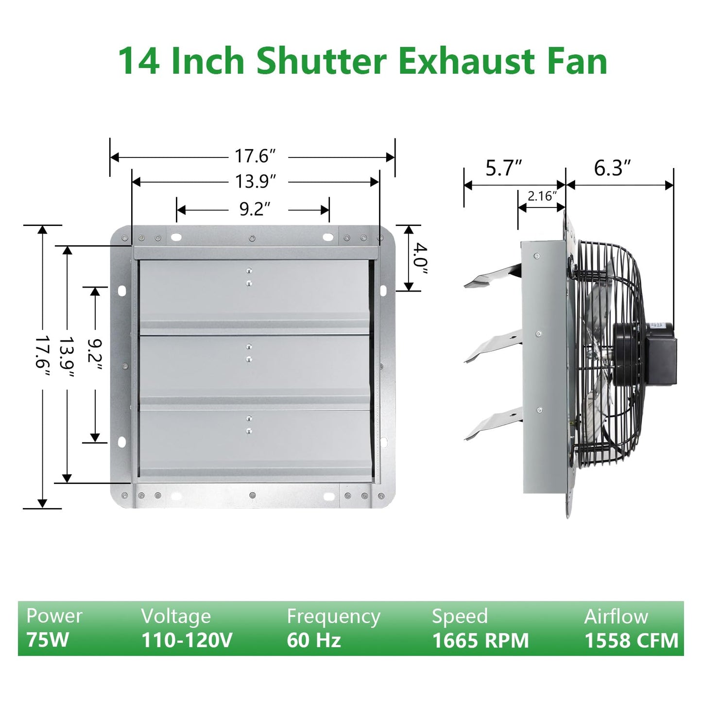 Aibabcue Shutter Exhaust Fan with Thermostat & Speed Control, 1558 CFM,1665 RPM, Upgrade 14 inch Wall Mount Attic Vent Fan for Chicken Coops, Greenhouse, Gable, Barn, Garage, Shed Ventilator