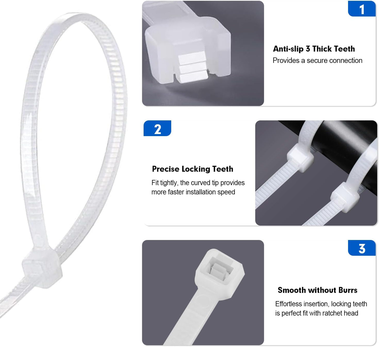 1200pcs 8 Inch, 50lb Zip Ties, RAZCC Cable Zip Ties Heavy Duty White Plastic Wire Ties with Tensile Strength
