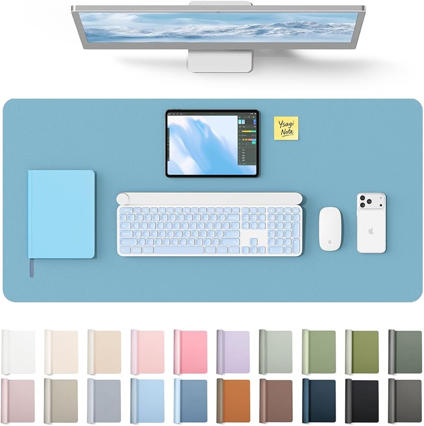 YSAGi Leather Desk Protector, Office Mat, Large Mouse Mat, Non-Slip PU Leather Blotter, Laptop Desk Pad, Waterproof Writing Pad for Office and Home (Sea Blue, 31.5" x 15.8")