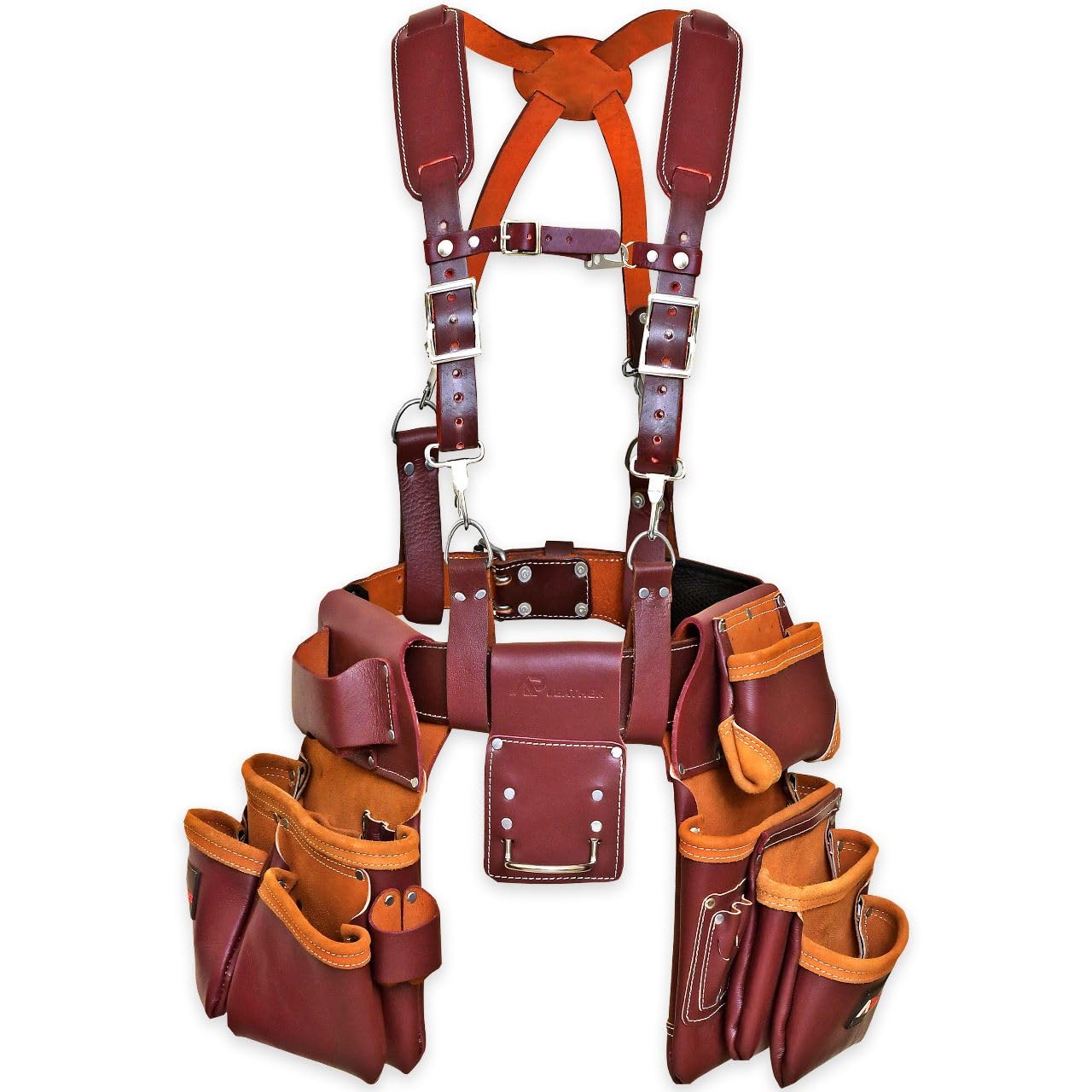 Leather PRO-19 100% Genuine Full Grain Leather Tool Belt/Pouch/Bag, Tool Belt with Suspenders, Comfort Back Support Tool Pouches with Suspenders for Construction,Framers, (Maroon)