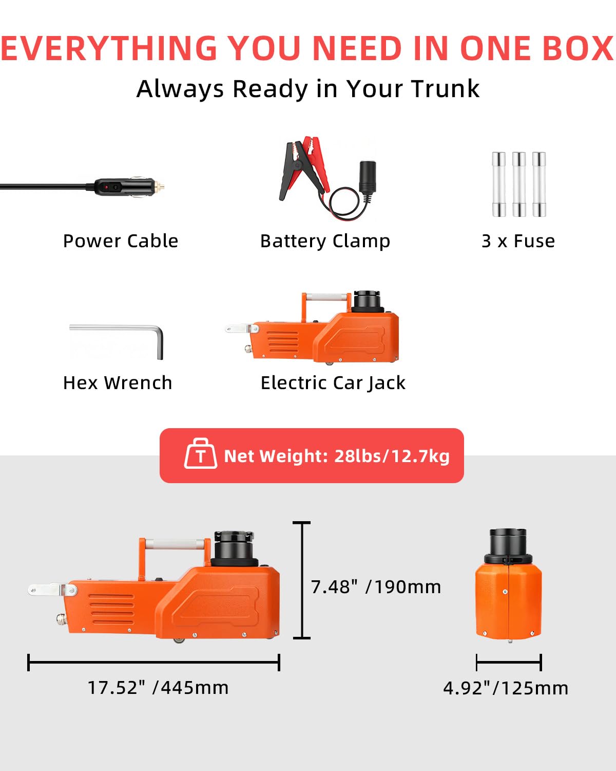 SEICETEC Electric Car Jack 15 Ton, 12V Heavy-Duty Hydraulic Jack with LED Light, Electric Floor Jack for Truck SUV RV Van, Lifting Range 7.9–20.5 Inches