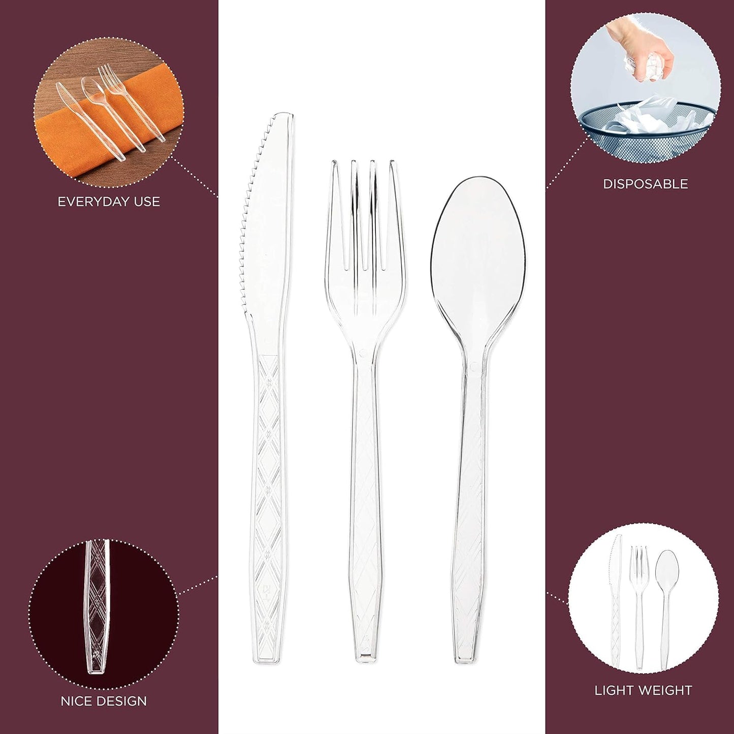 PARTY BARGAINS Argyle Settings Clear Plastic Cutlery Set 720‑Piece – 360 Forks, 240 Spoons, 120 Knives – Heavy‑Duty Disposable Utensils for Parties, Weddings, Buffets, BBQs & Catering – BPA Free