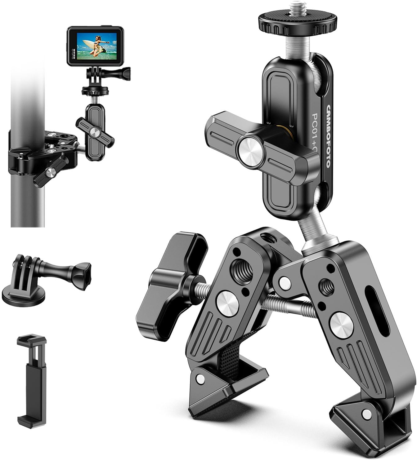CAMBOFOTO 360 1/4"-20 3/8"-16 Camera/Gopro/Ronin-M/MOVI/Insta360/Tripod/Desk Super Clamp Camera Mount, Dual Ballhead