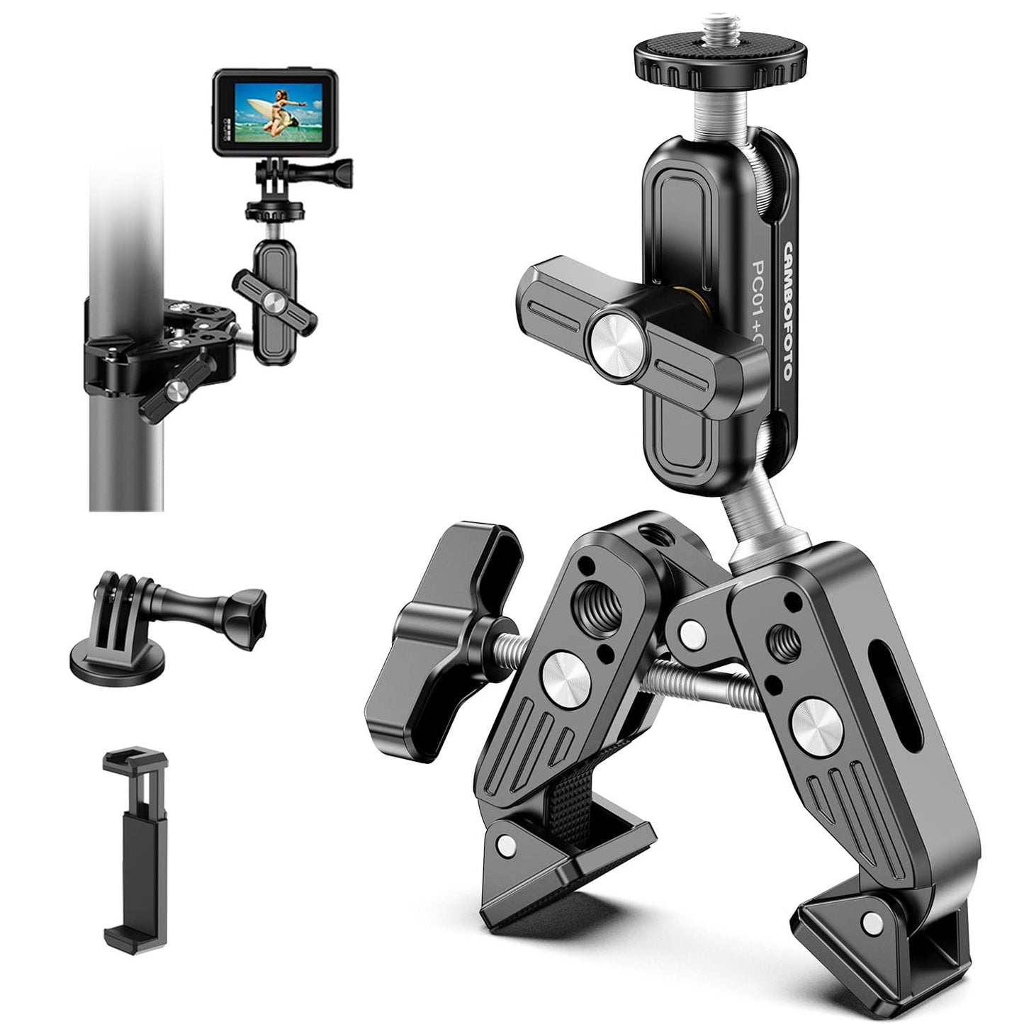 Super Clamp Camera Mount, 360° Dual Ballhead Magic Arm, 1/4"-20 & 3/8"-16 Threads, Super Clamp Kit for Phone/LED Lights/DSLR Camera/Gopro/Ronin-M/MOVI/Insta360/Tripod/Desk