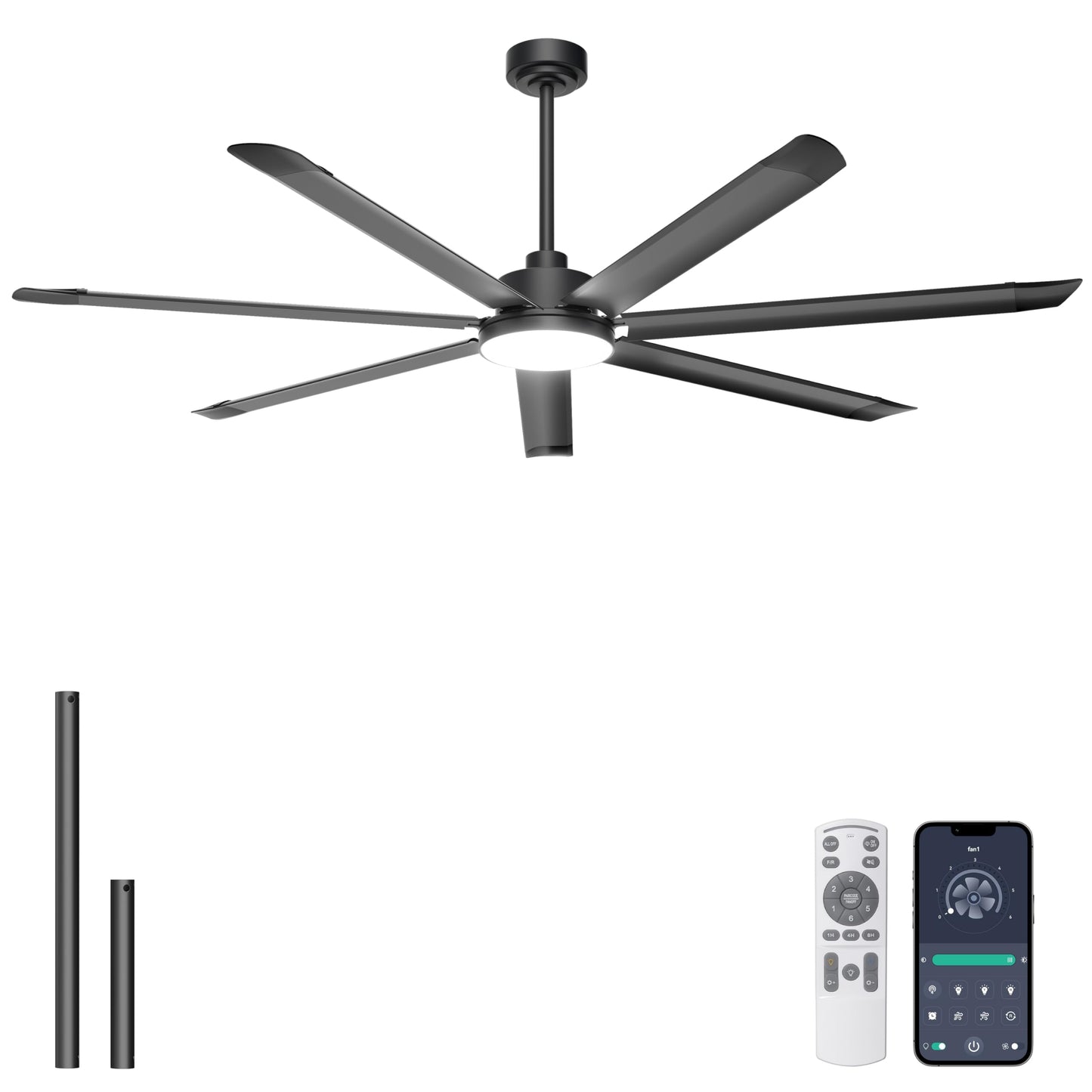Ohniyou 72'' Large Ceiling Fan with Lights, High CFM Industrial Ceiling Fan with Remote/APP, 7 Aluminum Blades, Dimmable, for Outdoor Patio, Shop, Garage, Black