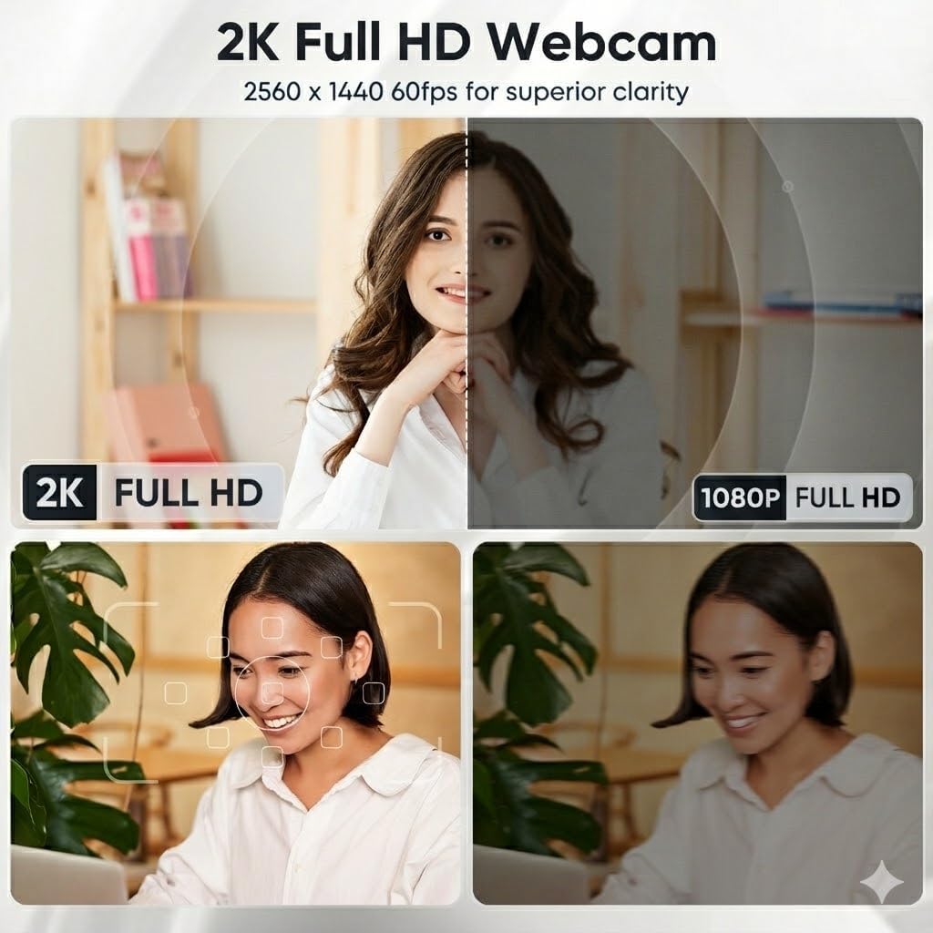 Shcngqio 2K Webcam with Microphone, Privacy Cover, Wide-Angle Lens, Auto Light Correction, Plug & Play USB Webcam