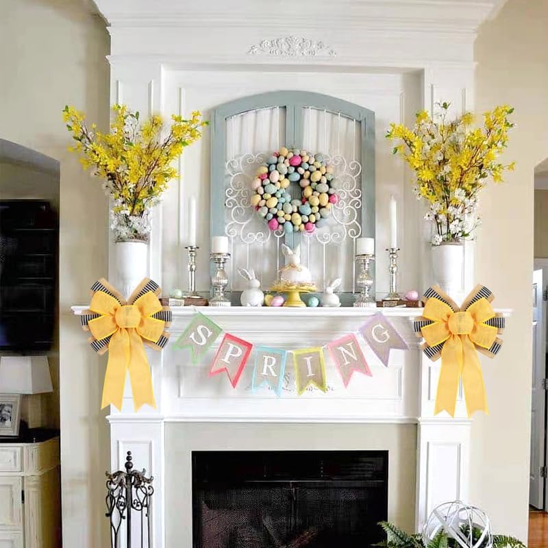 Skiennix Decorative Bow | 2 PCS Spring Summer Wreath Decor with Yellow Burlap & Black Stripe Ribbon
