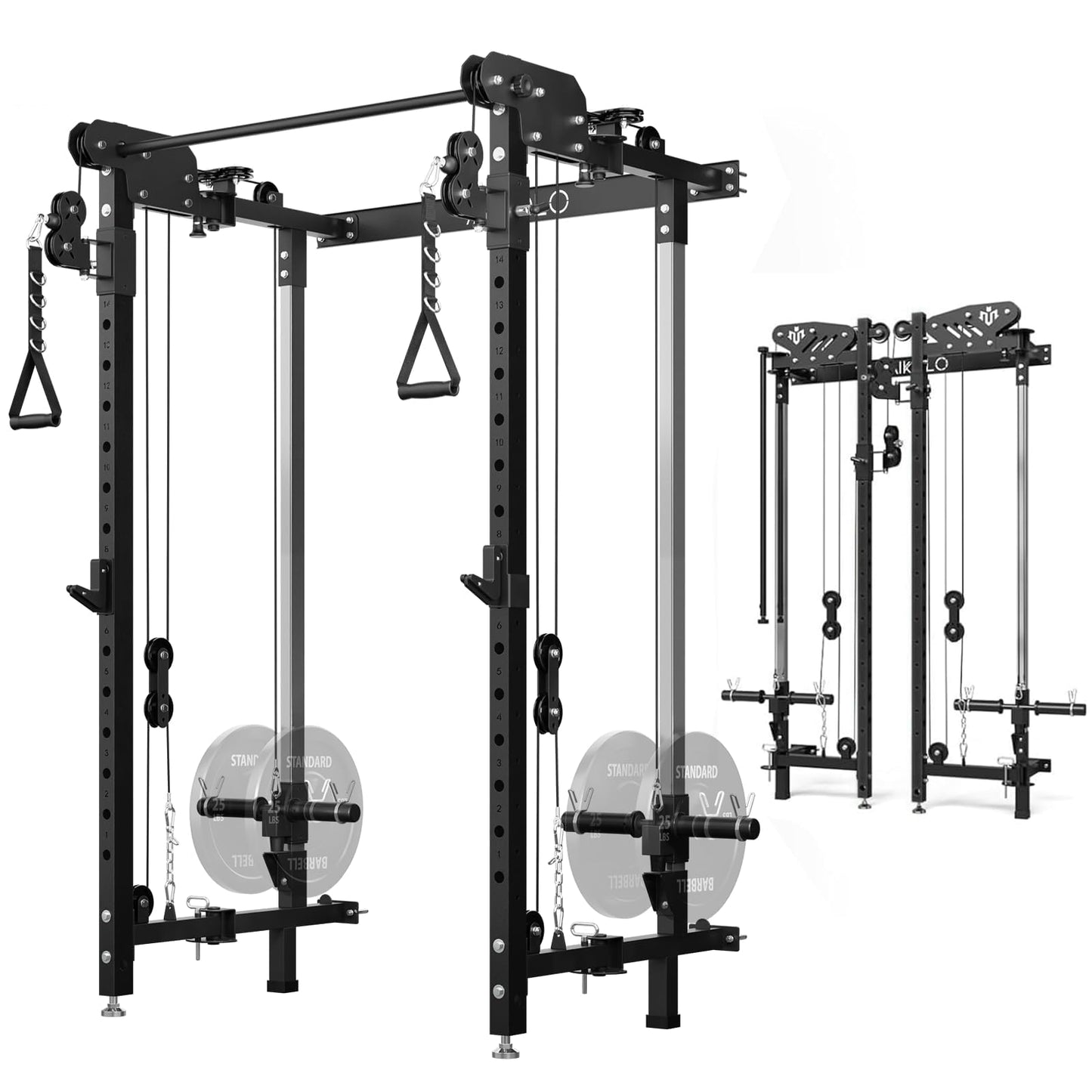 Mikolo Folding Squat Rack, Wall Mounted Power Rack with Cable Crossover Machine & LAT Pull Down, Functional Trainer with 5 Adjustable Function Modes, No Function Interference (Black)