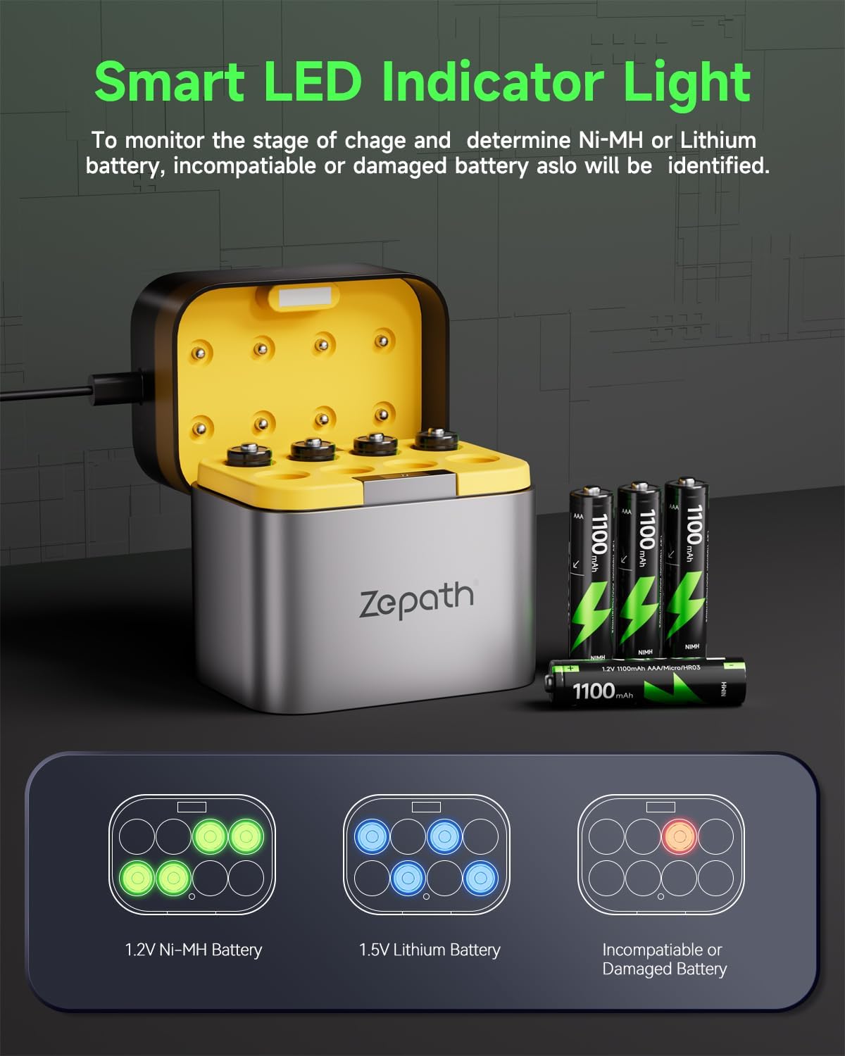 Zepath Charger,8 1.5V 1.2V AA AAA Battery Bays Individual Rechargeable Battery Charger for Lithium Batteries aa