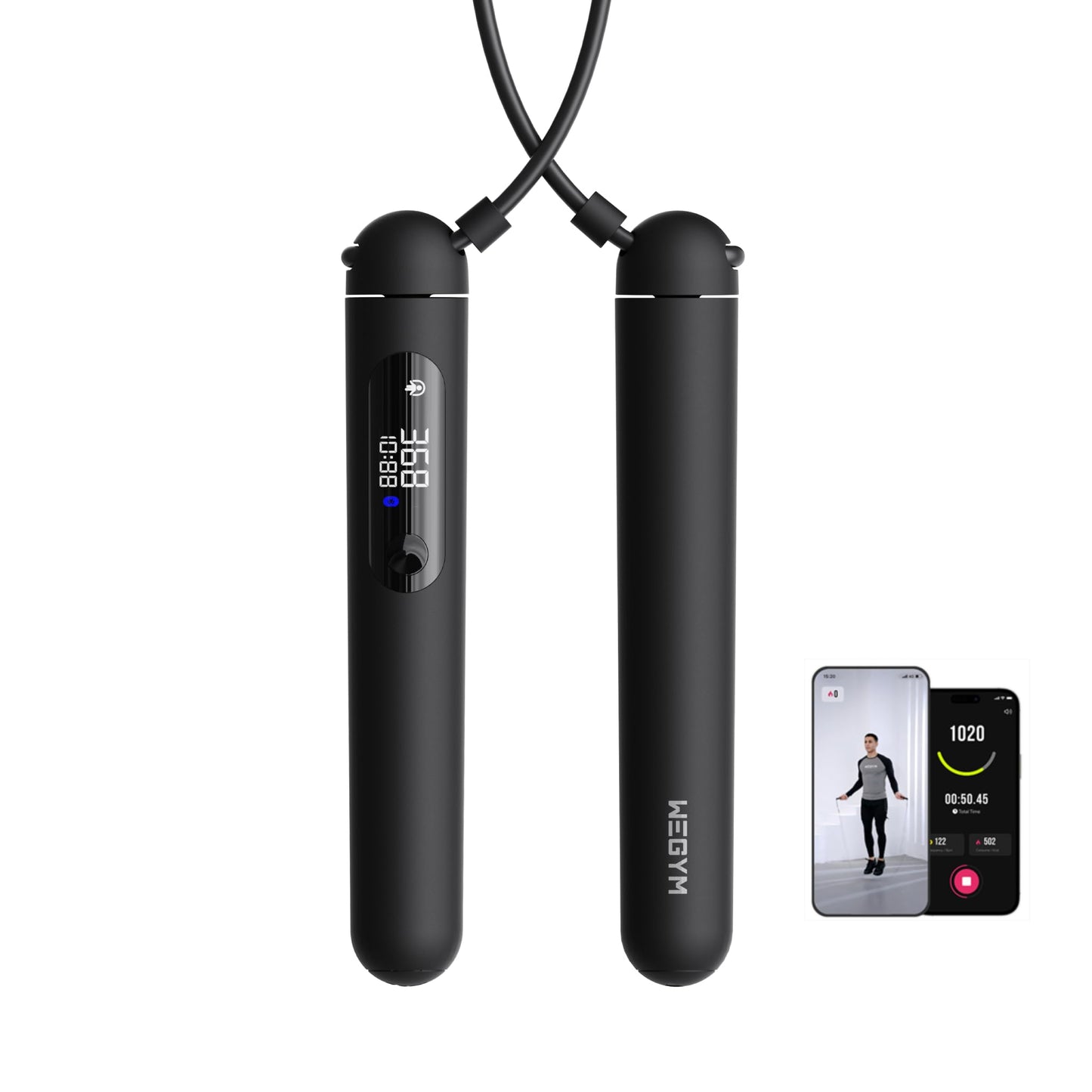 WeGym Smart Jump Rope for Men and Women, Adjustable Jump Rope for Indoor and Outdoor Workout APP Data Analysis LED Display Screen Rechargeable Skipping Rope Fitness Gift for Adults or Kids,Black