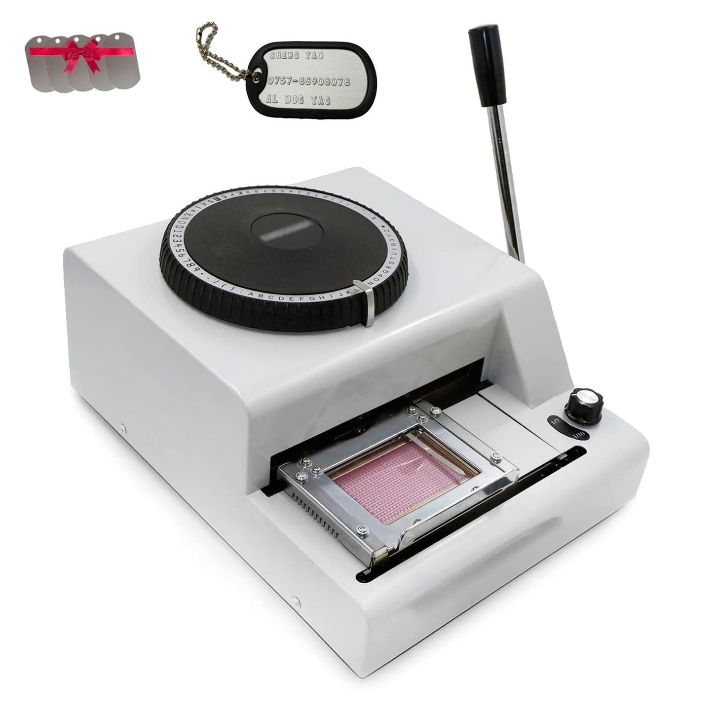 Manual Stamping Machine, Dog tag Coding with 5 Aluminum Tags, 72 Characters, 2 Gear Kerning, Metal Code Printing