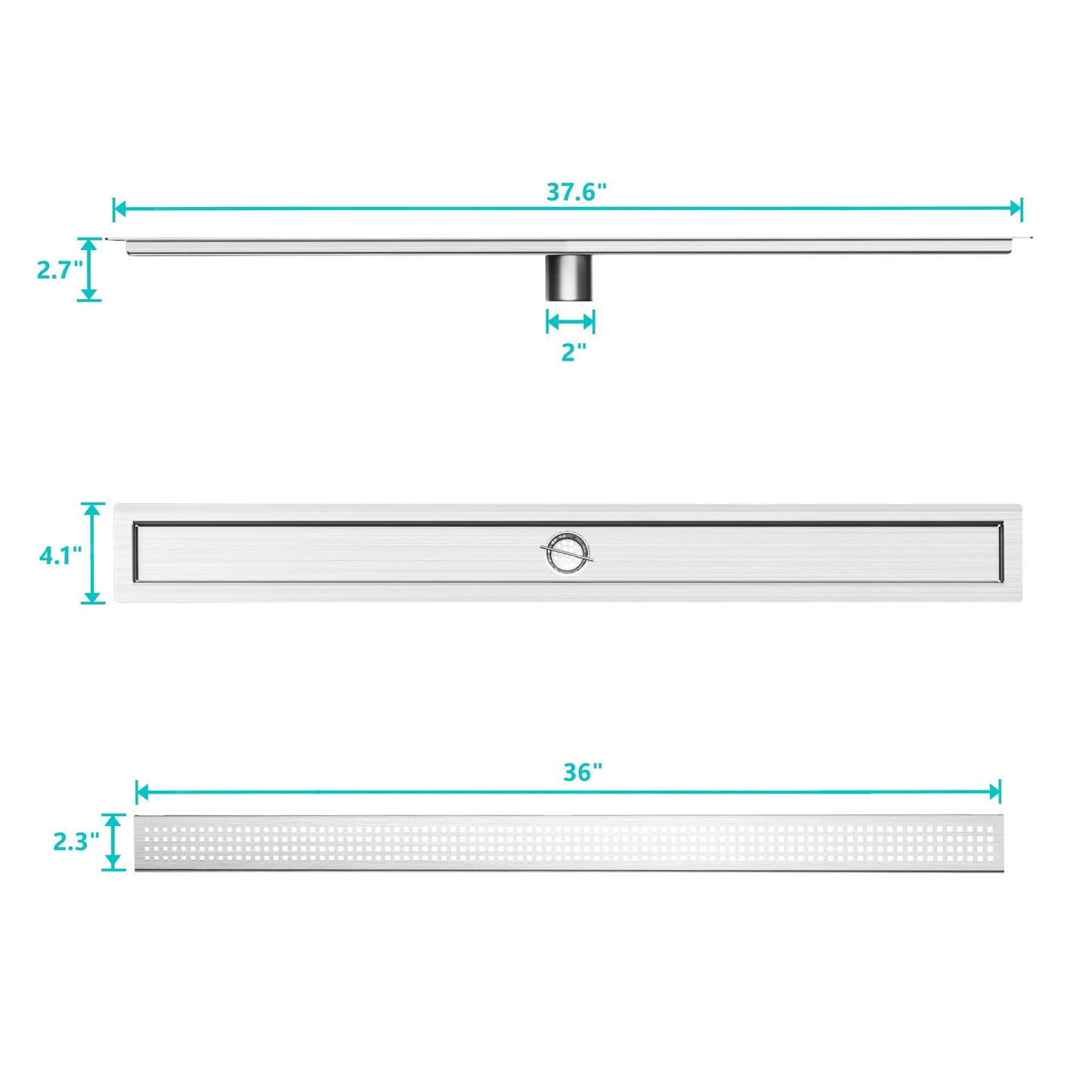 36 inch Linear Shower Drain with Square Hole Pattern Grate Cover, Brushed 304 Stainless Steel Bonding Flange Linear Drain, Low Profile Linear Shower Drain with Hair Strainer
