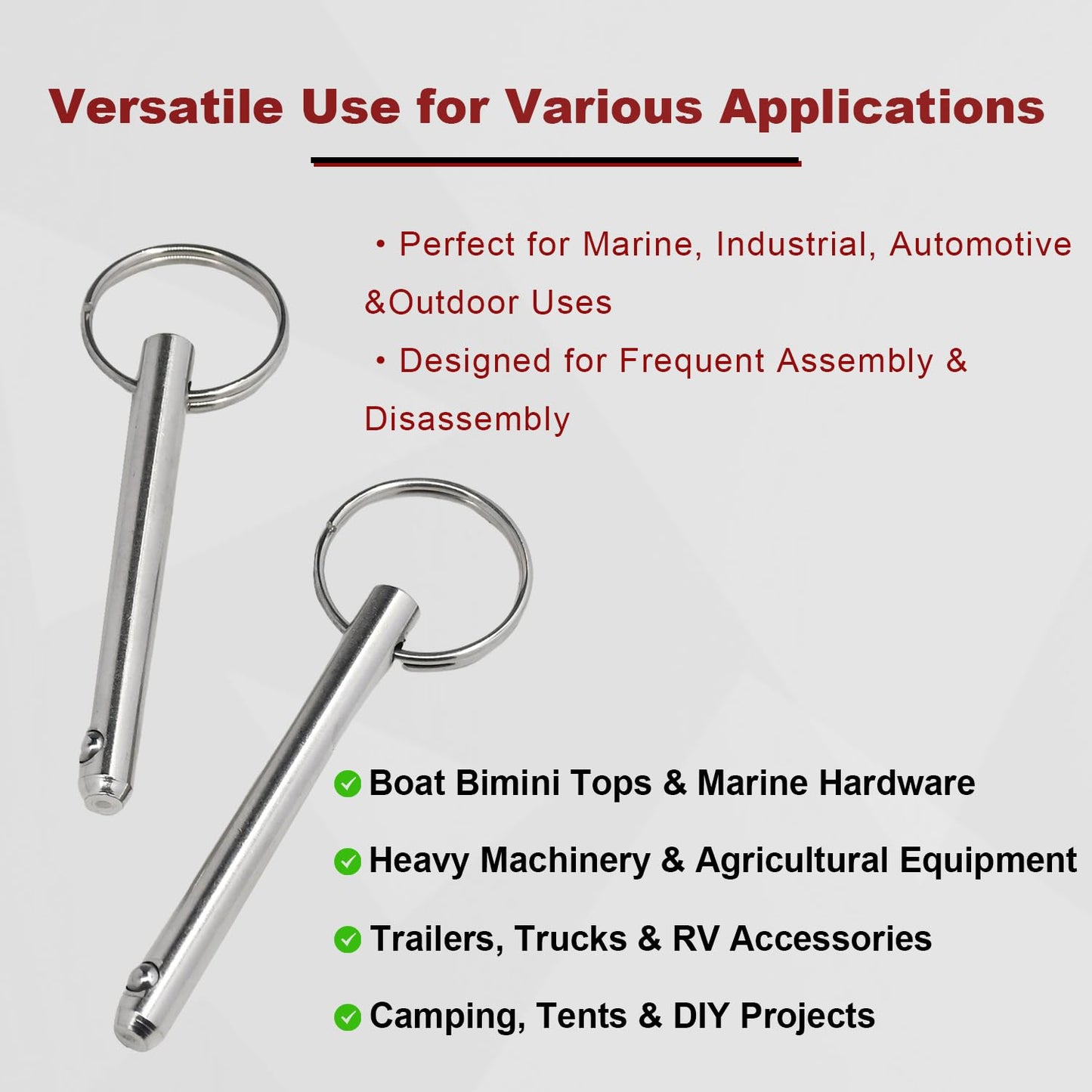 2 Pack 5/16'' Diameter Quick Release Pins, Usable Length: 2-1/4'', Overall Length: 3'', for Bimini top, Boat, Deck Hinge, 316 Stainless Steel, Marine Hardware