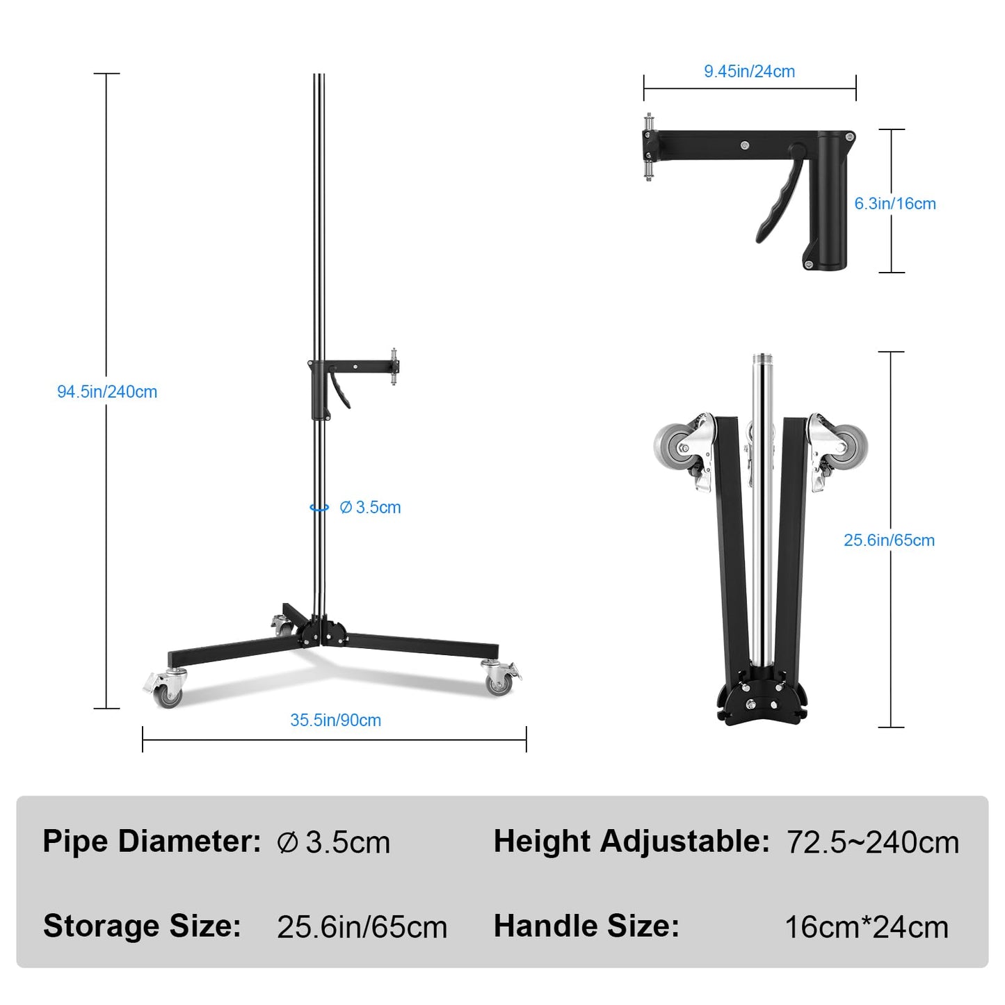 Heavy Duty Pistol Grip Stand, 2.5m/8.2ft Photography Rolling Light Stand with Casters & A Sliding Arm Max Loading: 20kg/44lb Stainless Steel for Photography Studio Monolight Softbox