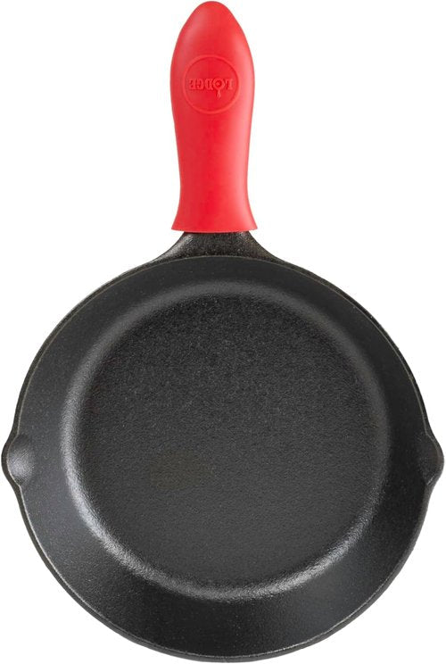 Lodge Cast Iron Skillet - 8-Inch with Red Mini Silicone Hot Handle Holder for Safe Cooking