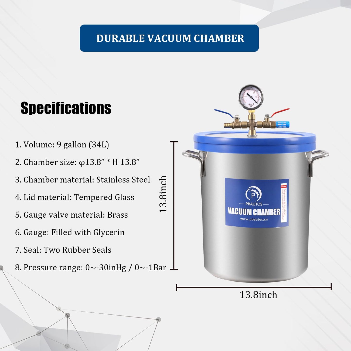 P PBAUTOS 9 Gallon Tempered Glass Vacuum Chamber with Two Rubber Seals, 33L Degassing Chamber Kit with 5 CFM 1/3HP Single Stage Vacuum Pump Without Oil, Perfect for Stabilizing Wood