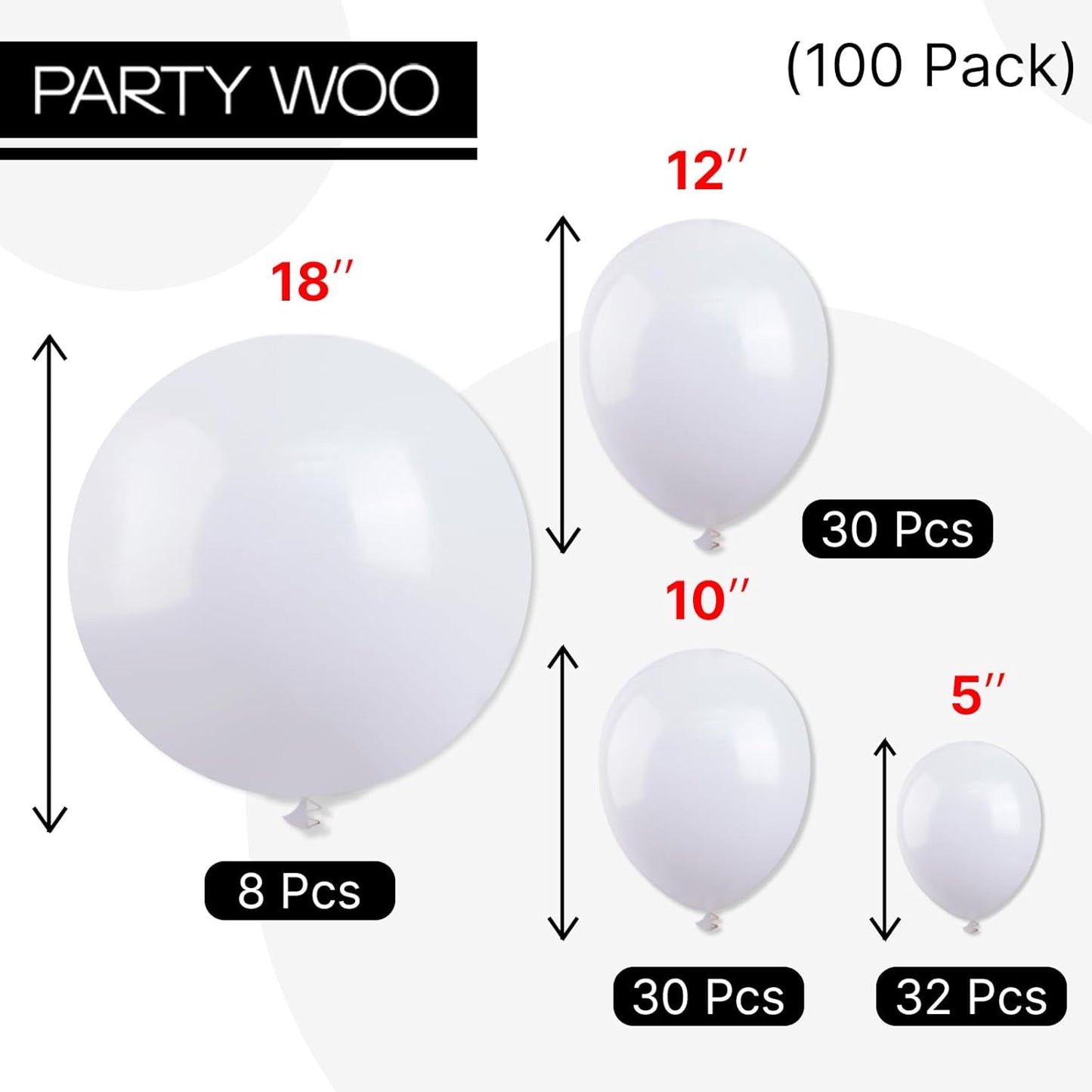 PartyWoo White Balloons - 100-Piece Matte Latex Balloon Arch Kit | 5-12 Inch Sizes for Weddings, Graduations & Parties