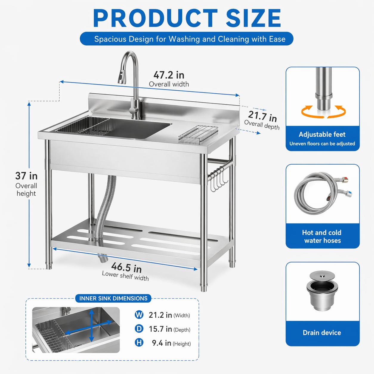 Garvee Gray Utility Sink 47" x 22" x 37", Freestanding Stainless Steel Single Bowl Laundry Sink with Pull Down Faucet, Large Workbench Top for Laundry Room, Garage, Mudroom, Modern Metallic Finish