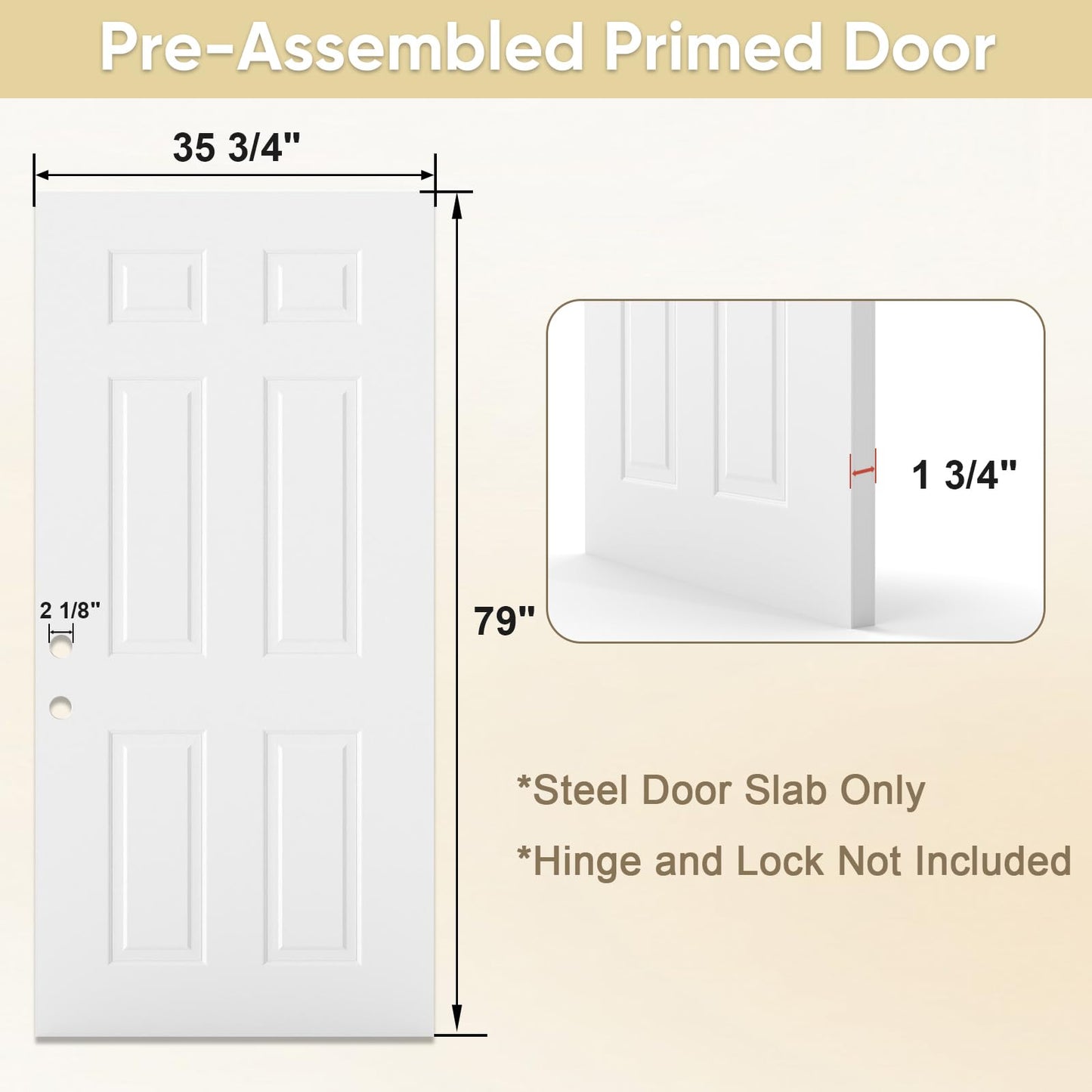 JUBEST 36"x80" Steel Front Door,Premium 6-Panel White Primed Exterior Door Slab with Lockset Hole,Energy Efficient Polyurethane Core for Sound & Thermal Insulation,Reversible Handing, Ready to Paint