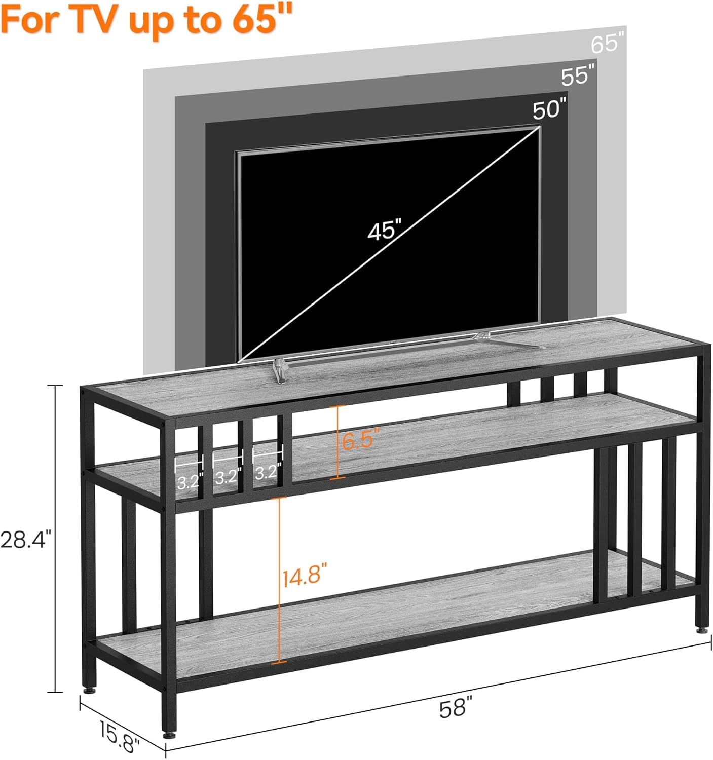 GarveeTech 58'' TV Stand Fits TV up to 65'', TV Media Console with 3-Tier Open Storage Shelves, Industrial Entertainment Center with Quadruple-Tube Support for Living Room, Gray