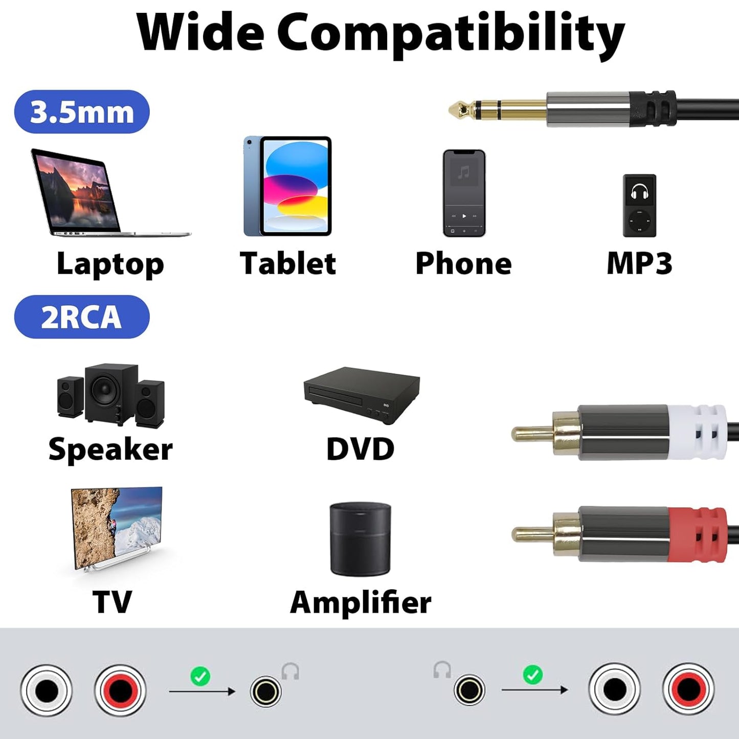 3.5mm 16ft Cyberguys! to RCA Audio Cable, Aux to RCA Cable with Gold-Plated Connectors, Durable PVC Jacket Aux Adapter