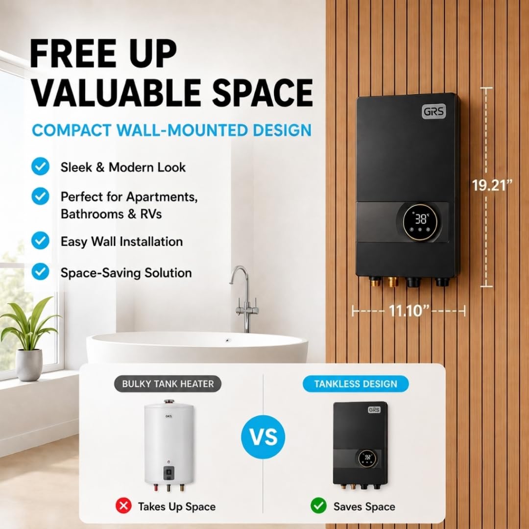 GRS Tankless Water Heater Electric 27KW 240V | Easy to Install Electric Heater with Digital Display | Whole House Water Tank for Shower, Kitchen, Bathroom, Sink, and more