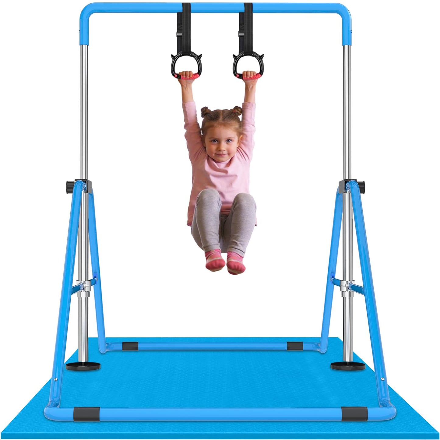 WATBKHE Gymnastics Bar for Kids Adjustable & Foldable Training Kip Bar with Rings, Sturdy Horizontal Bar for Boys & Girls, Expandable Gymnastics Equipment for Home Practice Blue