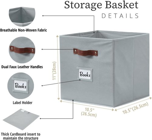 DECOMOMO Storage Bins - Fabric Cube Storage Bins with Labels | 10.5" x 11" | Set of 6, Grey