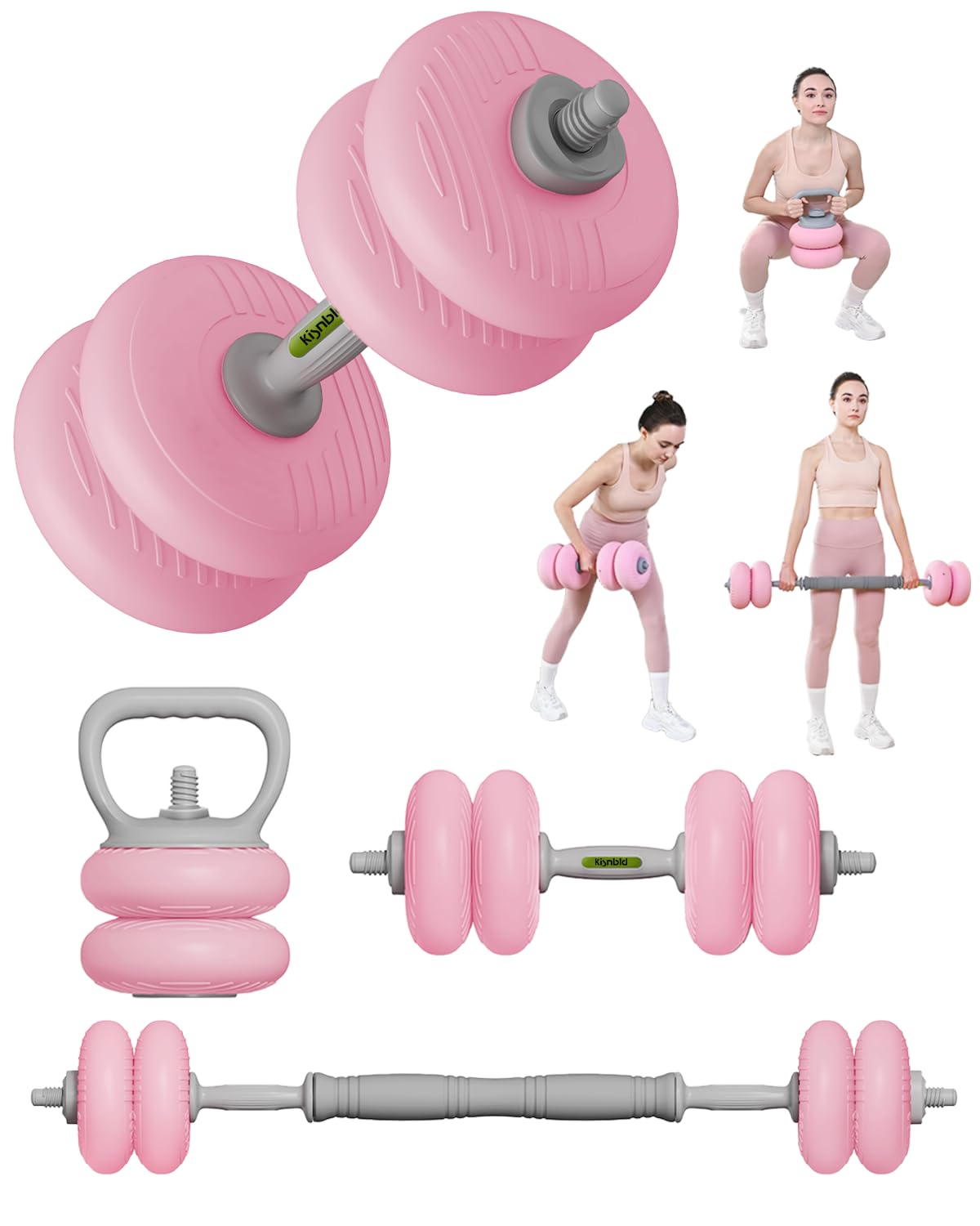 kisnbld Adjustable Dumbbell Set, 13/18/22/35LBS SoftShell Weight Set with Connector 4-IN-1 Dumbbell Set Used as to Barbell & Kettlebell for Home Gym, Fitness Exercise for Men Women Beginners, Pink