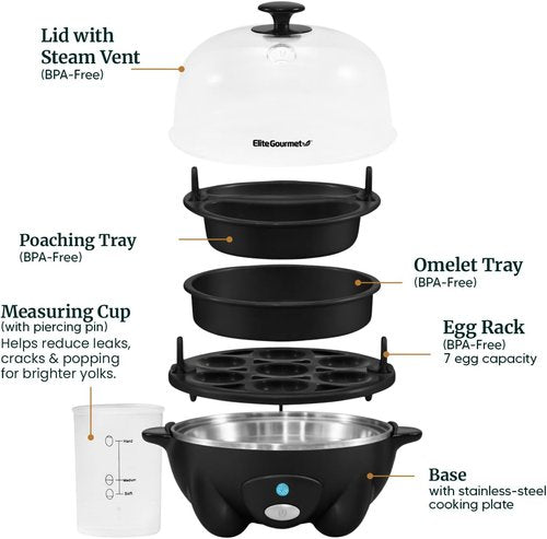 Elite Gourmet Rapid Egg Cooker - Perfectly Cook 7 Hard, Medium, Soft Boiled Eggs | Auto Shut-Off, Black