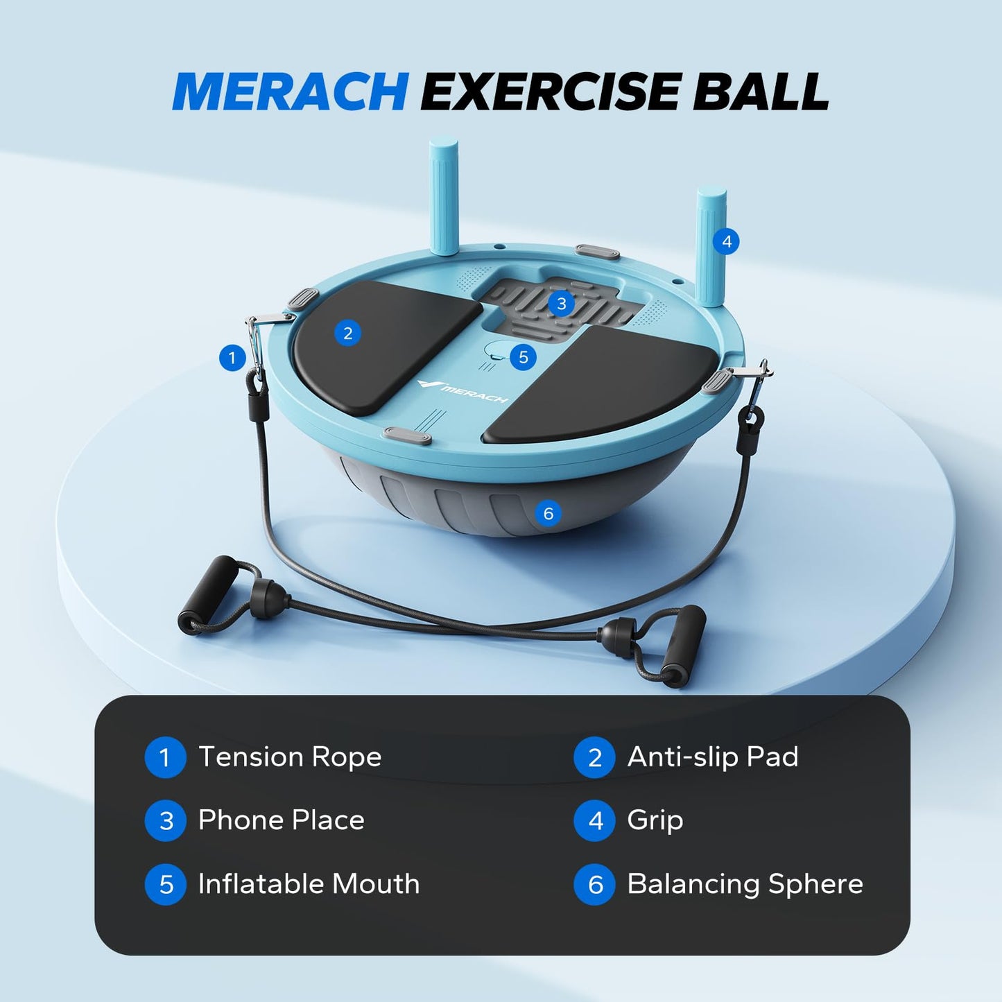 MERACH 3-in-1 Balance Ball Trainer 18'' Lightweight Yoga Exercise Ball with Foot Pump & Bands 450lbs Anti-Slip Design for Home Workouts & Therapy, Blue