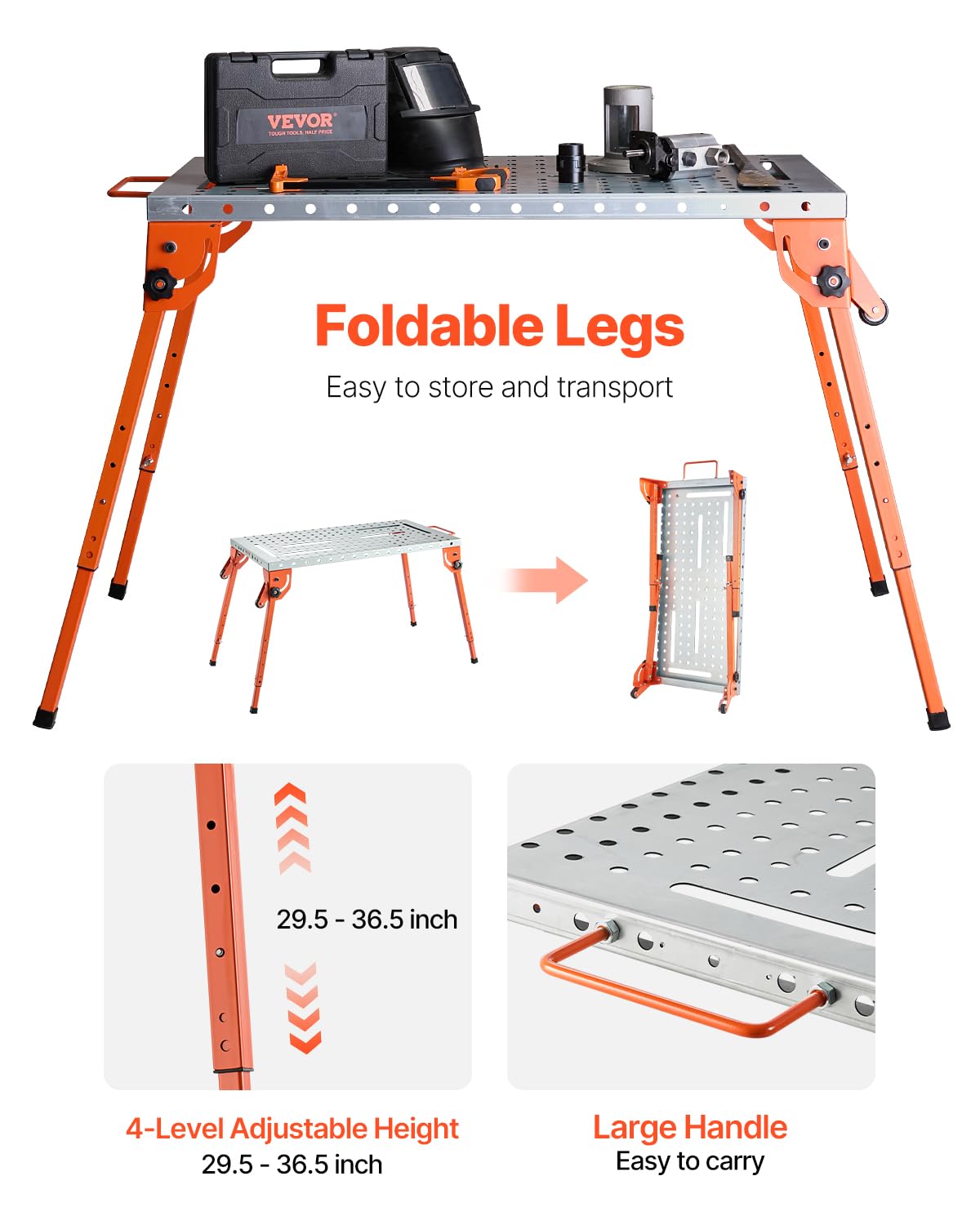 VEVOR Foldable Welding Table 44" x 21", 500LBS Capacity Welding Workbench with 4-Level Adjustable Height, Carbon Steel Work Bench with 6 Tool Slots & 0.63" Fixture Holes for Welding Assembly Repair