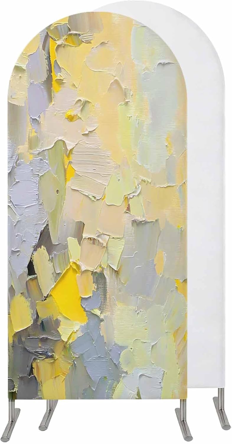 Jnbasdffb 7.2 Yellow Grey Wedding Arch Cover, Stretchy Spandex Arch Backdrop Stand Covers FT, Abstract Oil Painting