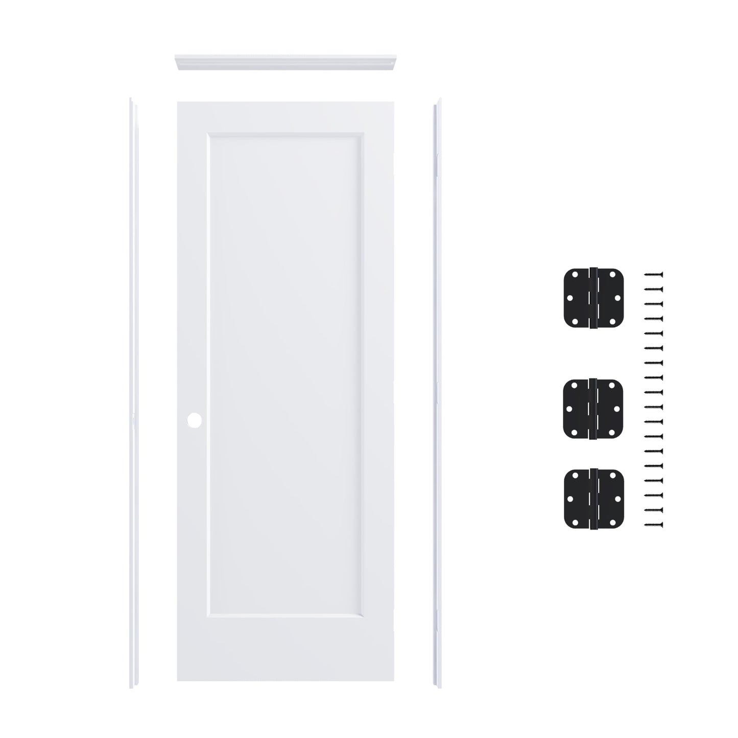 JUBEST 32"x80" Left-Hand Prehung Interior Door with Knock Down Jamb Kit & Matte Black Hinges, 1-Panel White Primed Hollow Core Molded Door Slab with Bore & Hinge Cutout, Durable & Sturdy, No Handle