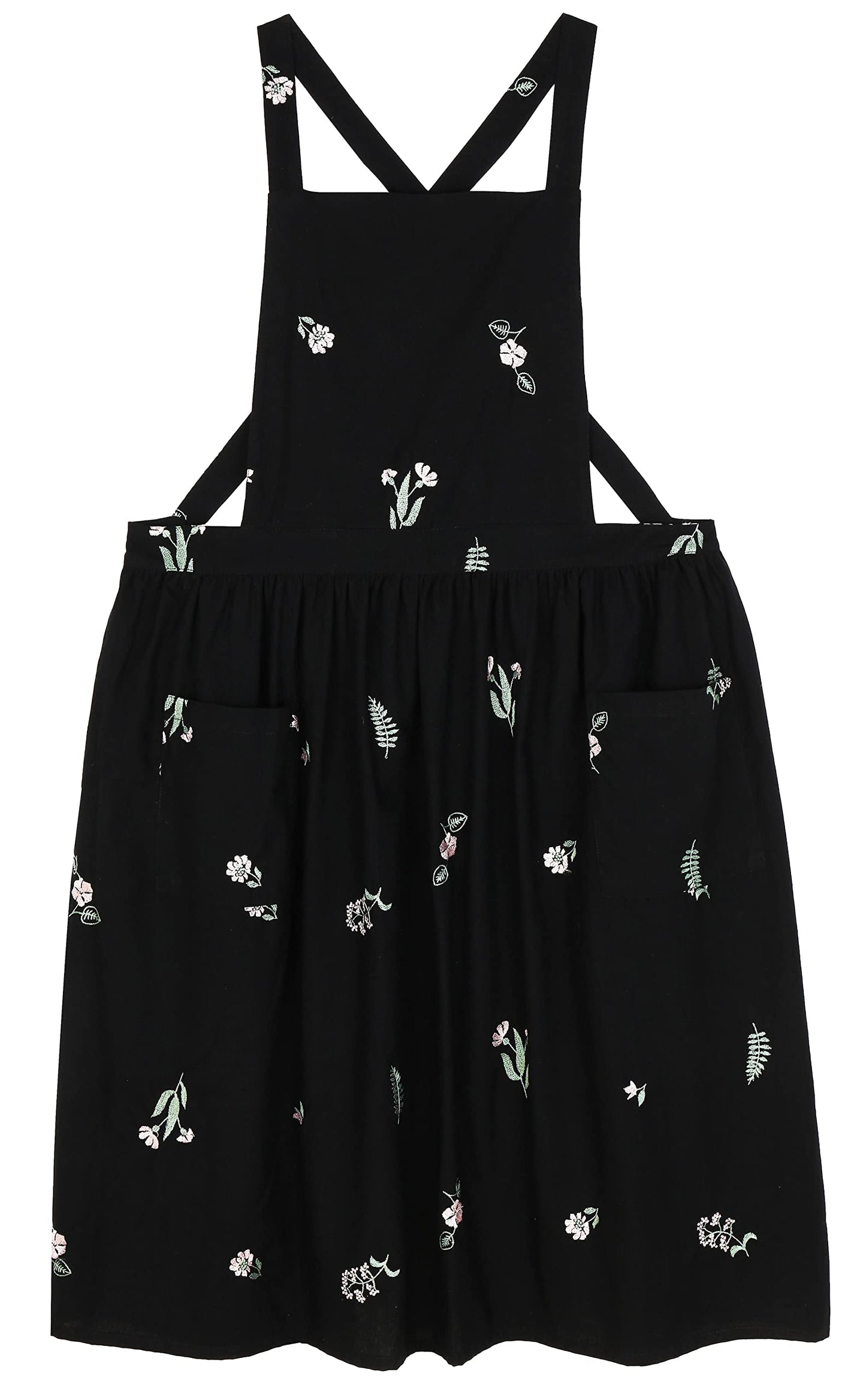 losofar Embroidered Cotton Pleated Apron Retro Waterdrop Proof Garden Cleaning Pinafore Dress (Floral Black, 103cmx86cm)