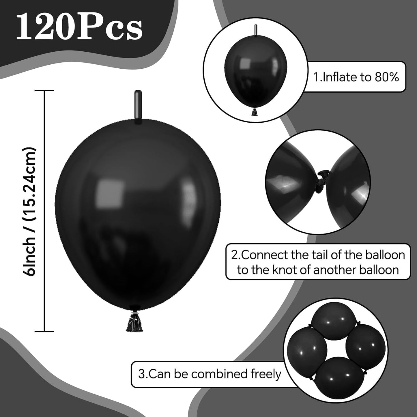 Skiennix Black Link Balloons - 120 Pcs 6-Inch Latex Balloons for Birthday & Wedding Decor