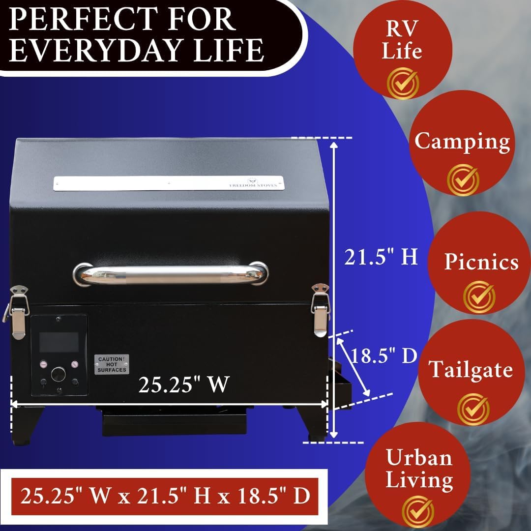 Portable Electric Smoker Grill by Freedom Stoves – 12V/120V Pellet BBQ for Camping, Tailgating & Backyard | Digital Control, Dual Probes, 8.5LB Hopper