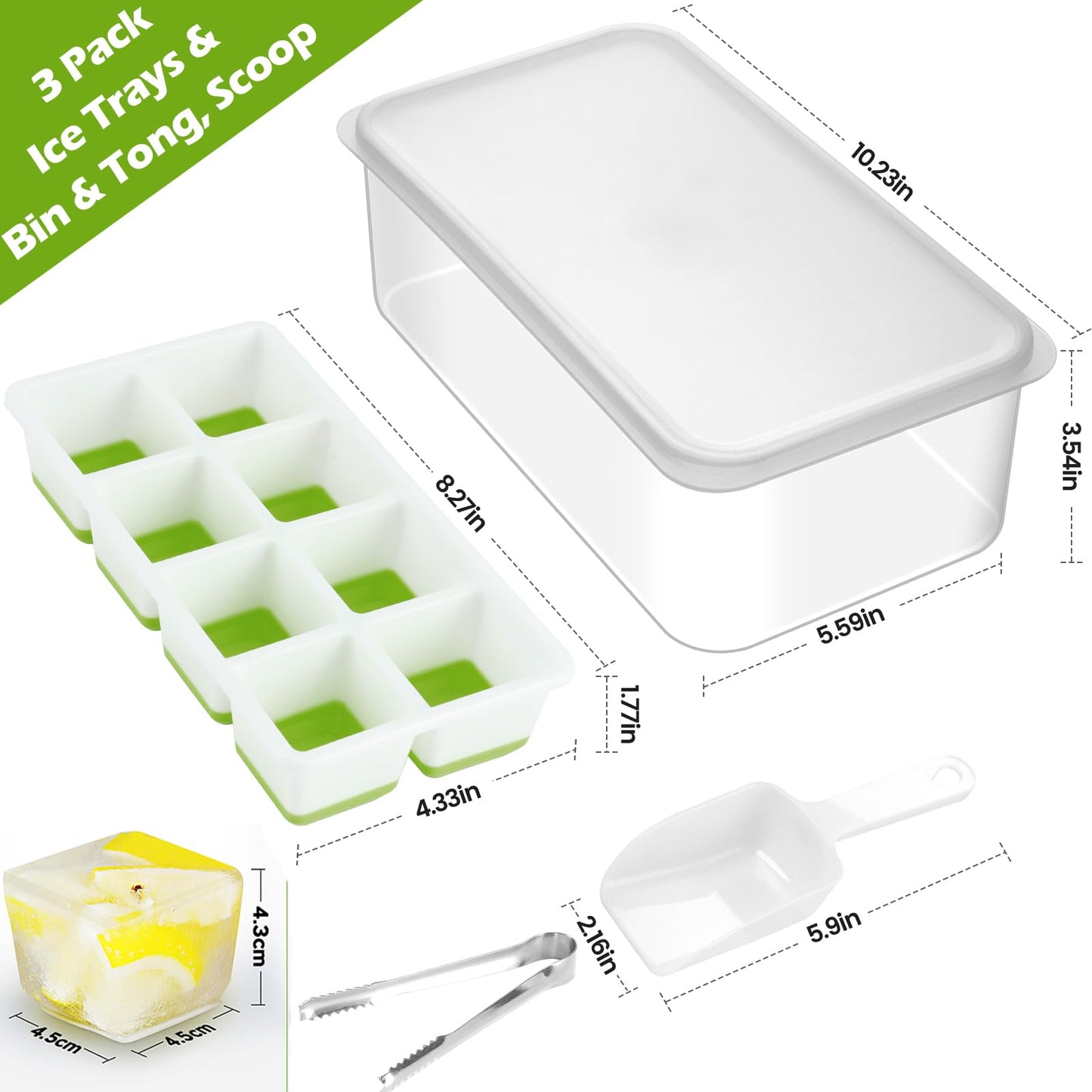 Large Ice Cube Tray with Lid and Bin, Jrisbo Silicone Big Square Ice Cube Molds for Freezer, 3 Pack Stackable Huge Cubed Ice Trays with Ice Tong, Ice Scoop for Whiskey Cocktails Soups Frozen Treats