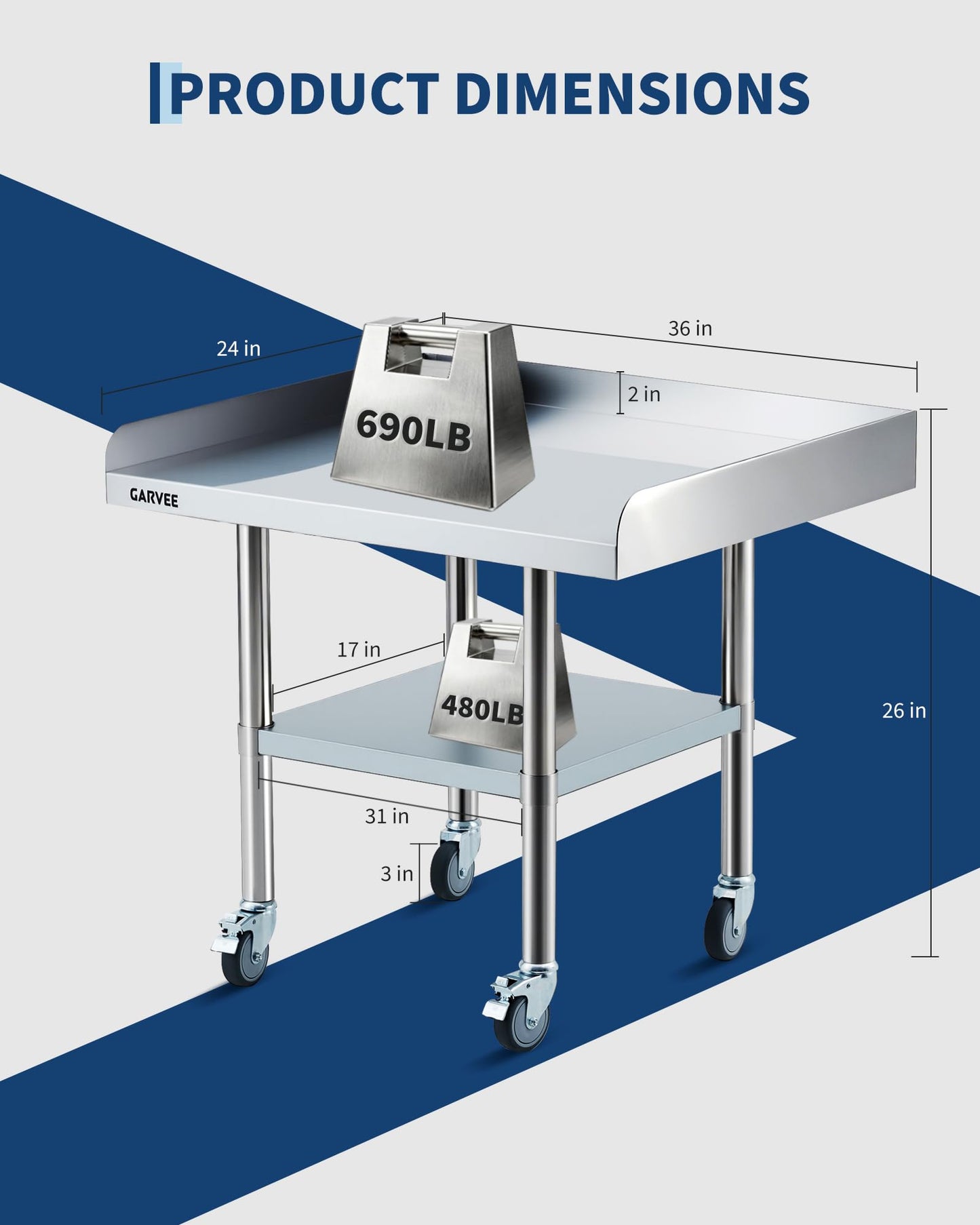 24 x 36 x 26 Inch Stainless Steel Work Table with Wheels, 3-Sided Backsplash and Adjustable Undershelf, Heavy Duty Commercial Prep Worktable for Kitchen, Restaurant, Garage