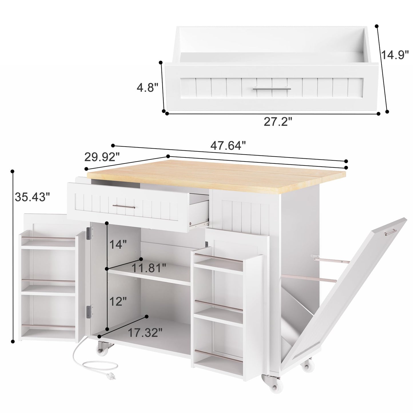 TEROL Kitchen Island with Outlet, Rolling Kitchen Cart Storage on Wheels with Drop Leaf, Trash Can Area, Spice Rack, Towel Bar, Adjustable Shelf, Drawer, Mobile Island Table for Kitchen