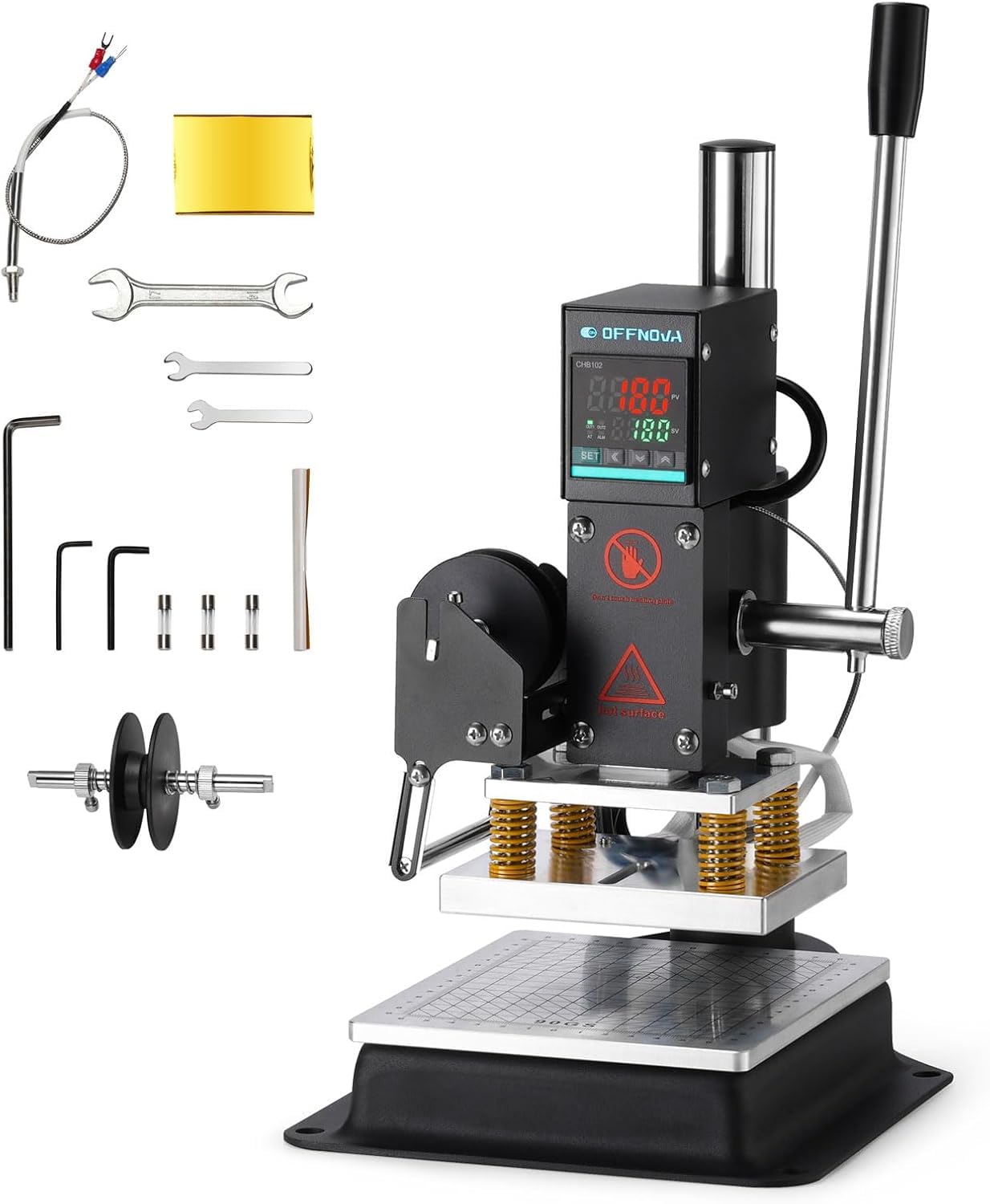 OFFNOVA Hot Foil Stamping Machine 10x13cm with U-Slot & Movable Table, 110V Digital Embossing Machine Manual Tipper Stamper for PVC Wood PU Leather Logo